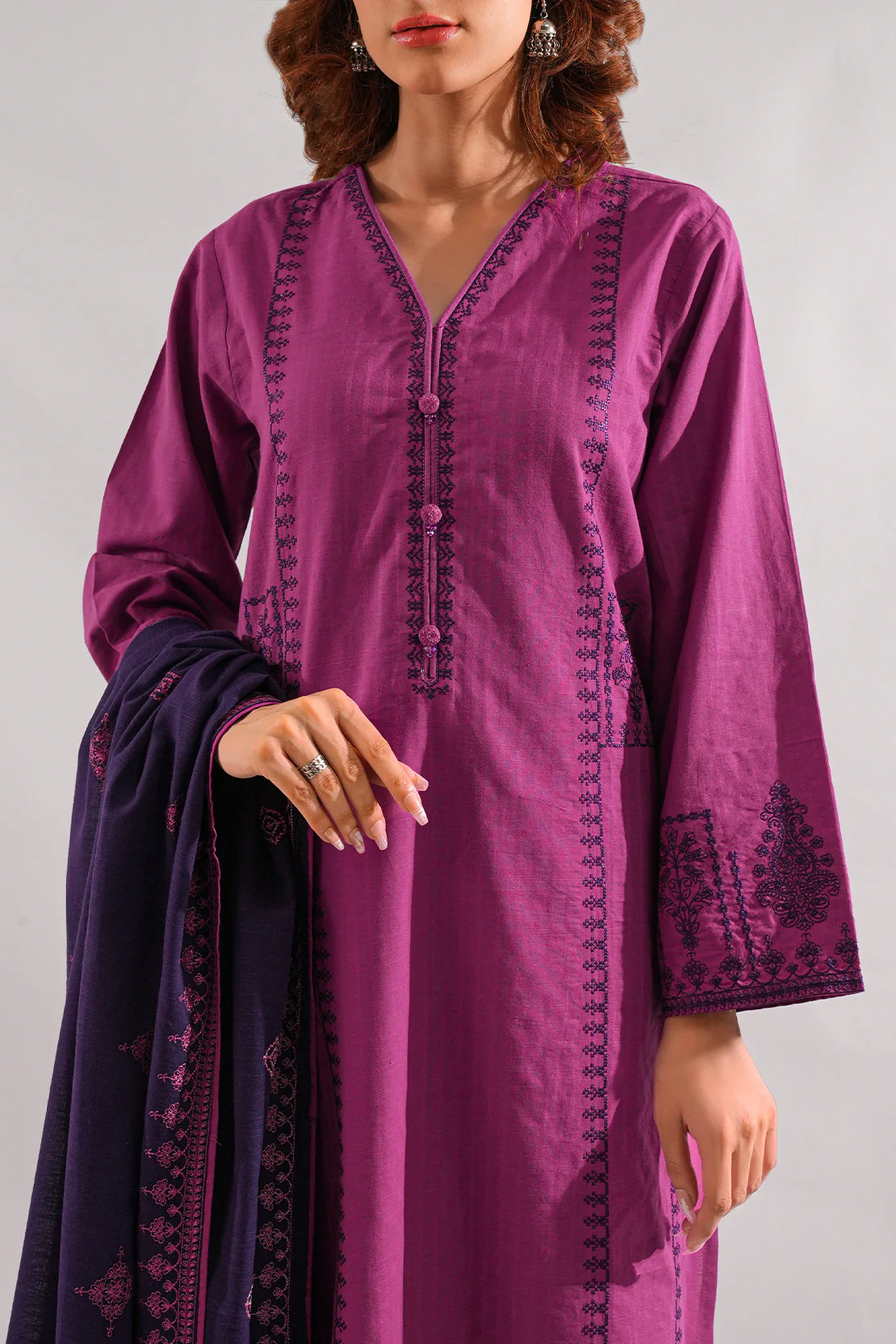 Solid Embroidered Slub Cotton Stitched 3 Piece - Image 3