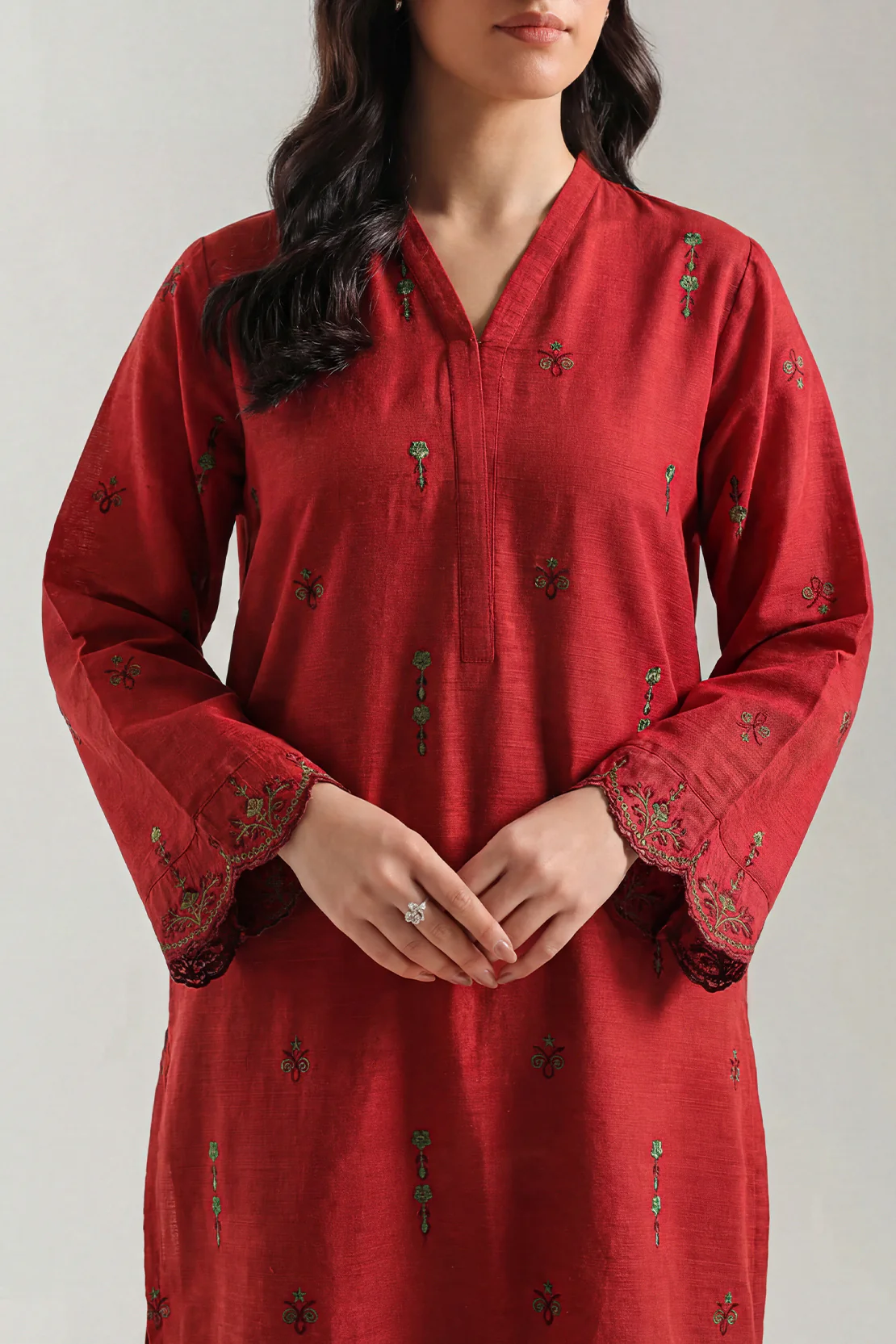 Solid Embroidered Slub Cotton Stitched Shirt - Image 2
