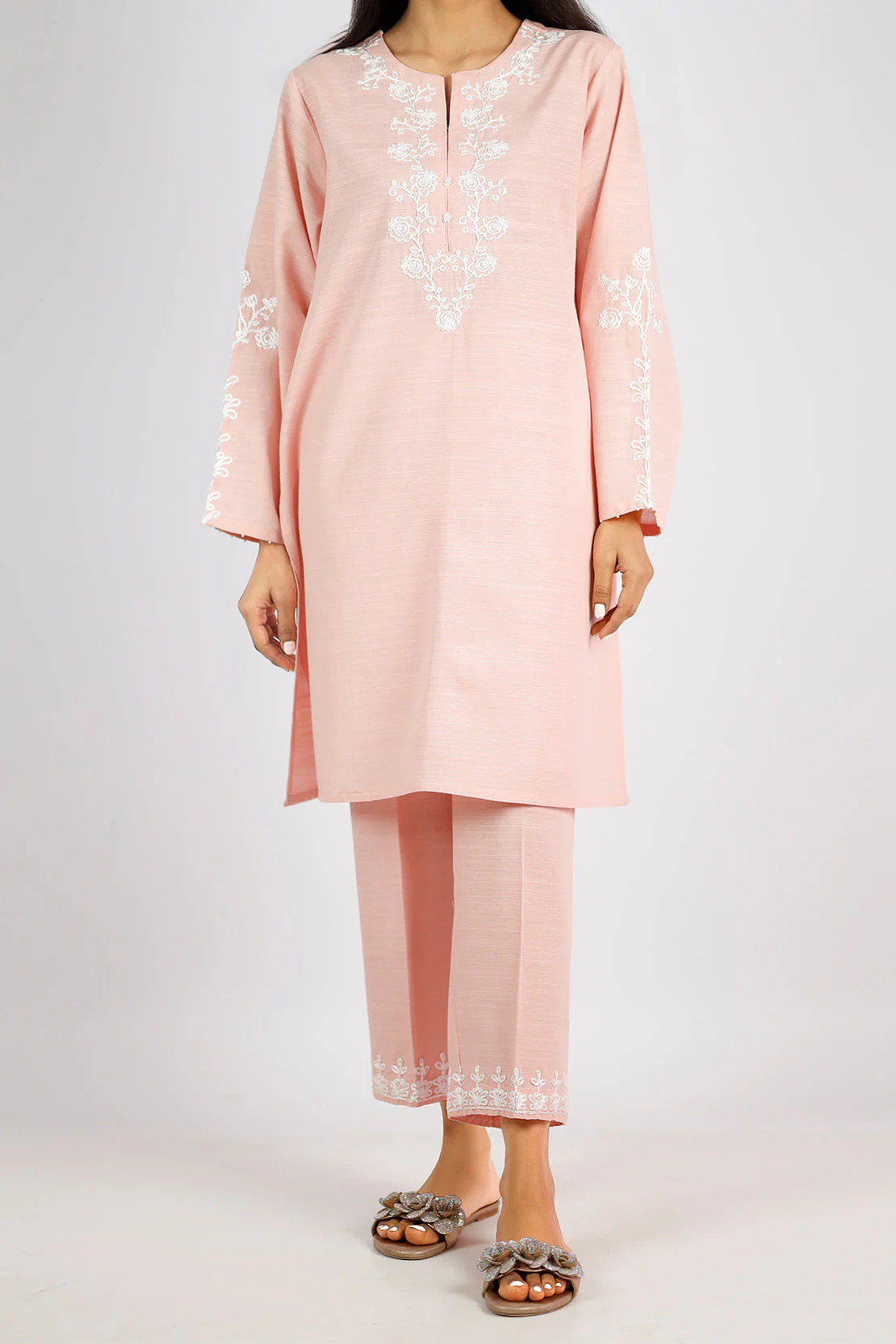 Solid Embroidered Slub Viscose Stitched 2 Piece (Shirt/Trouser)