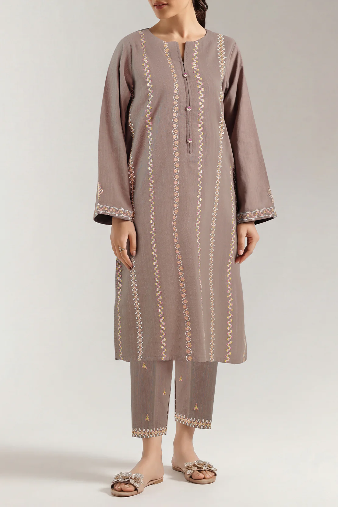 Solid Embroidered Slub Viscose Stitched 2 Piece (Shirt/Trouser)