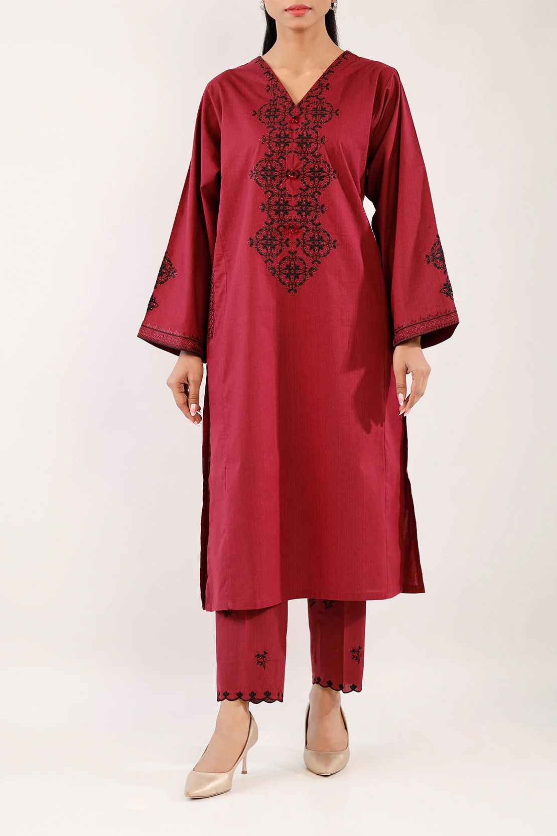 Solid Embroidered Slub Viscose Stitched 2 Piece (Shirt/Trouser)