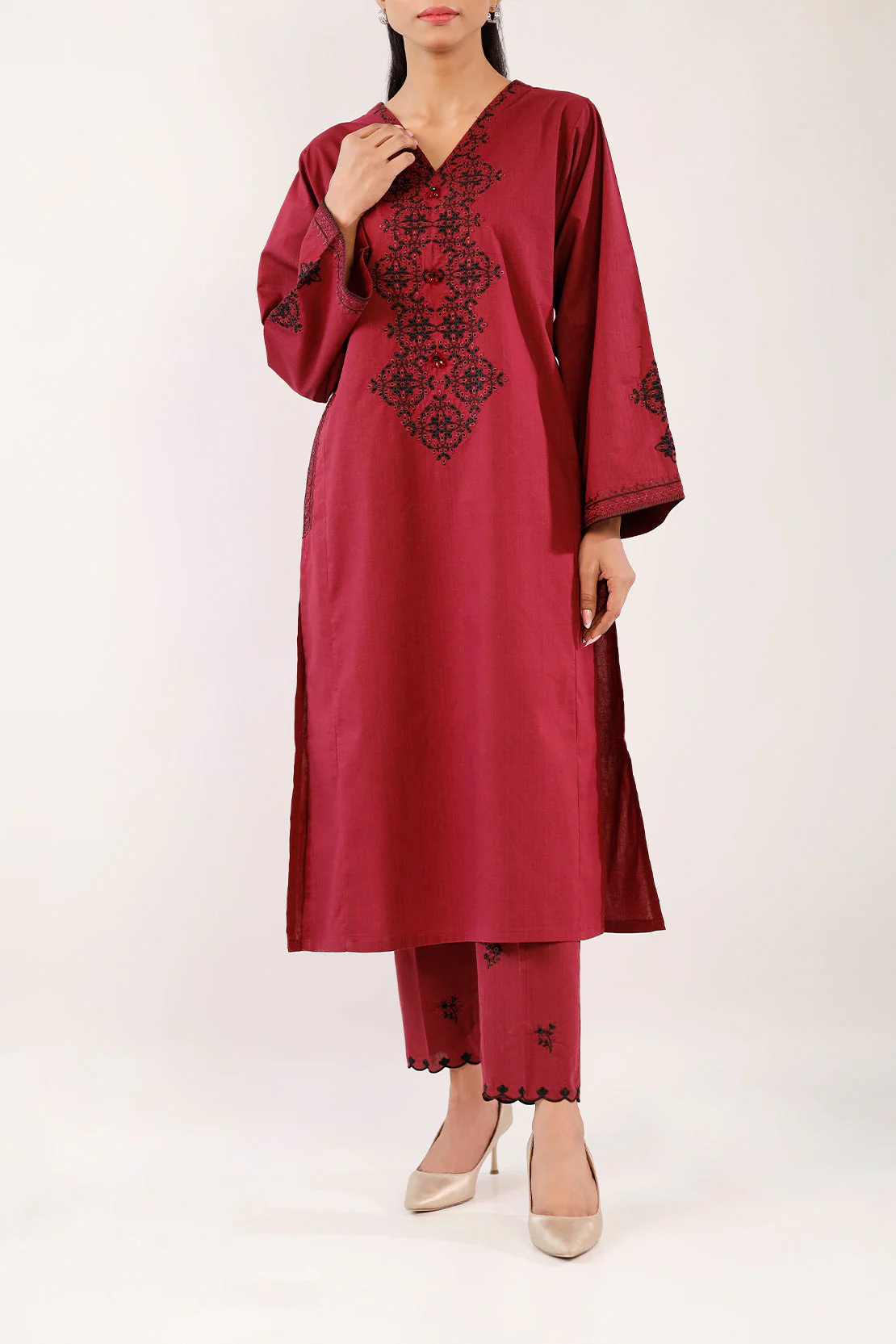 Solid Embroidered Slub Viscose Stitched 2 Piece (Shirt/Trouser) - Image 2