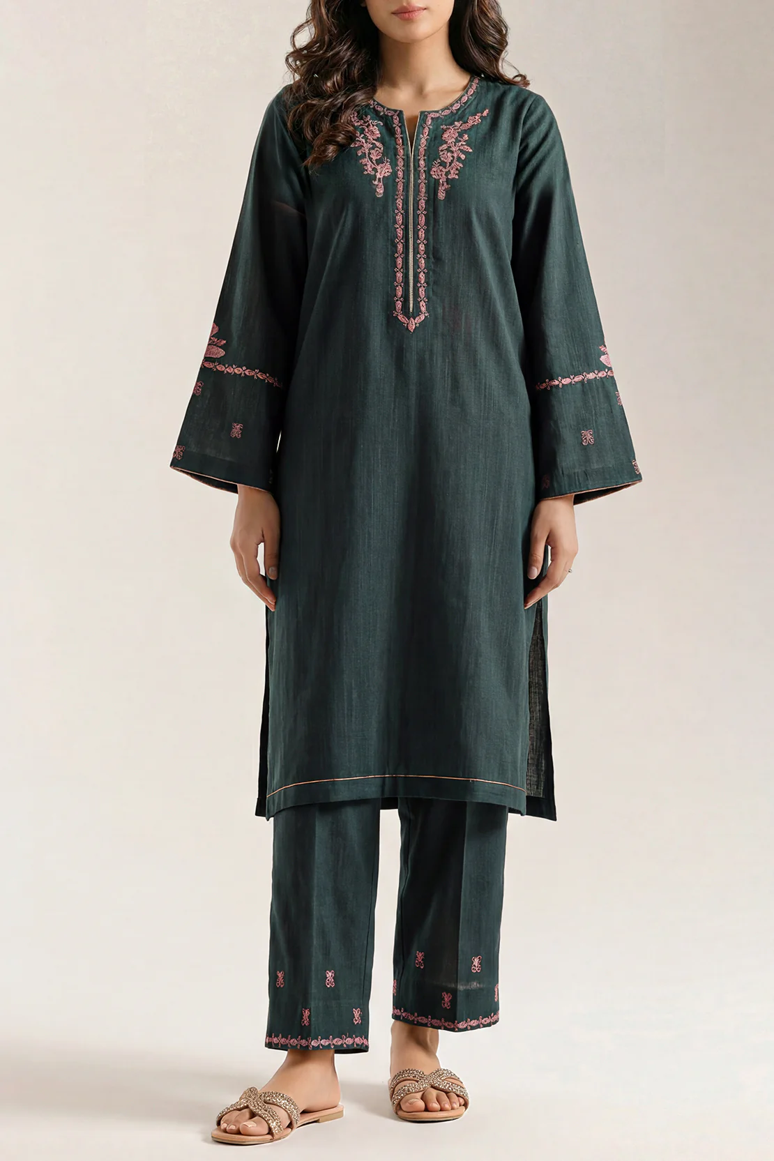 Solid Embroidered Slub Viscose Stitched 2 Piece (Shirt/Trouser) - Image 3