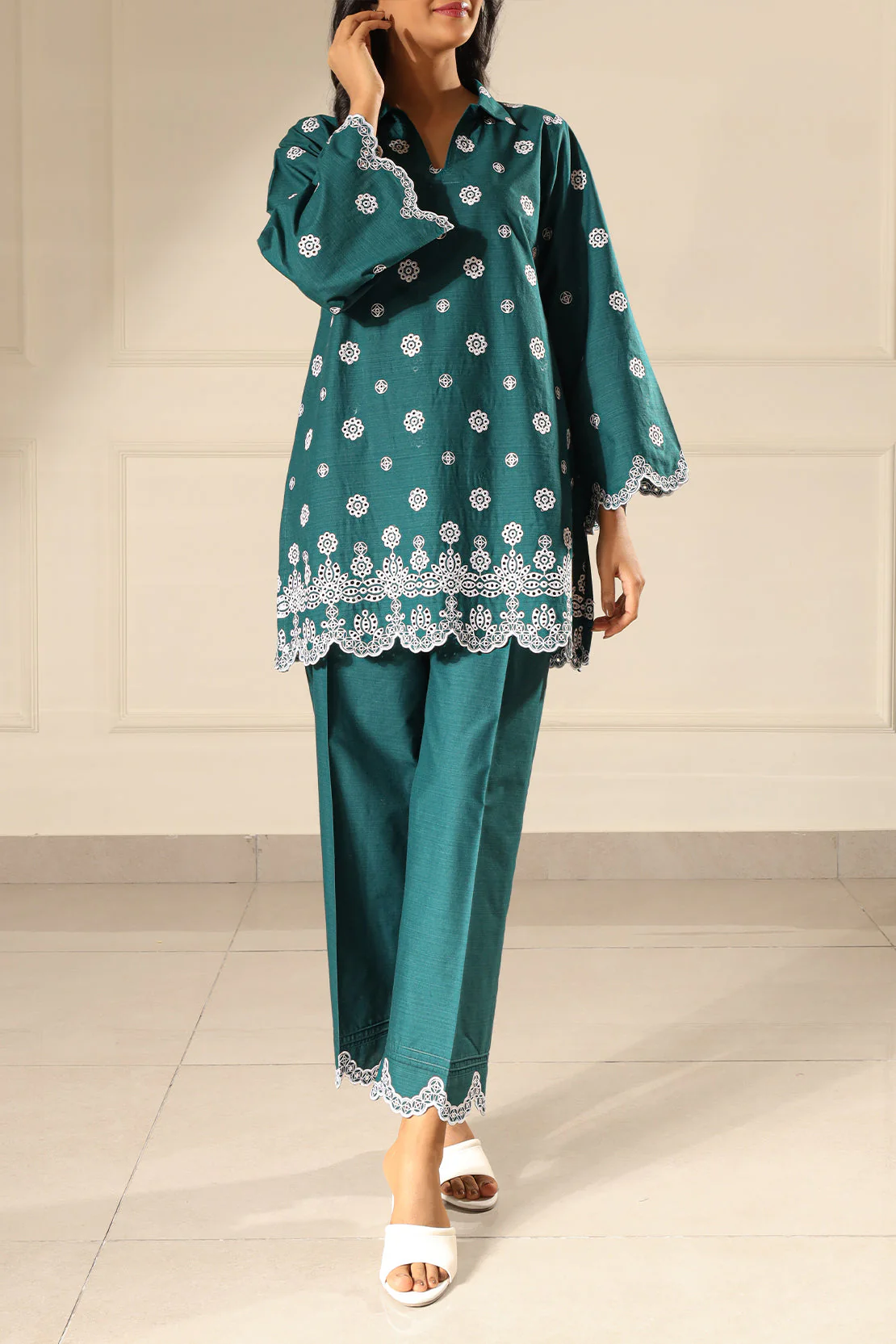 Solid Embroidered Slub Viscose Stitched 2 Piece (Shirt/Trouser) - Image 3