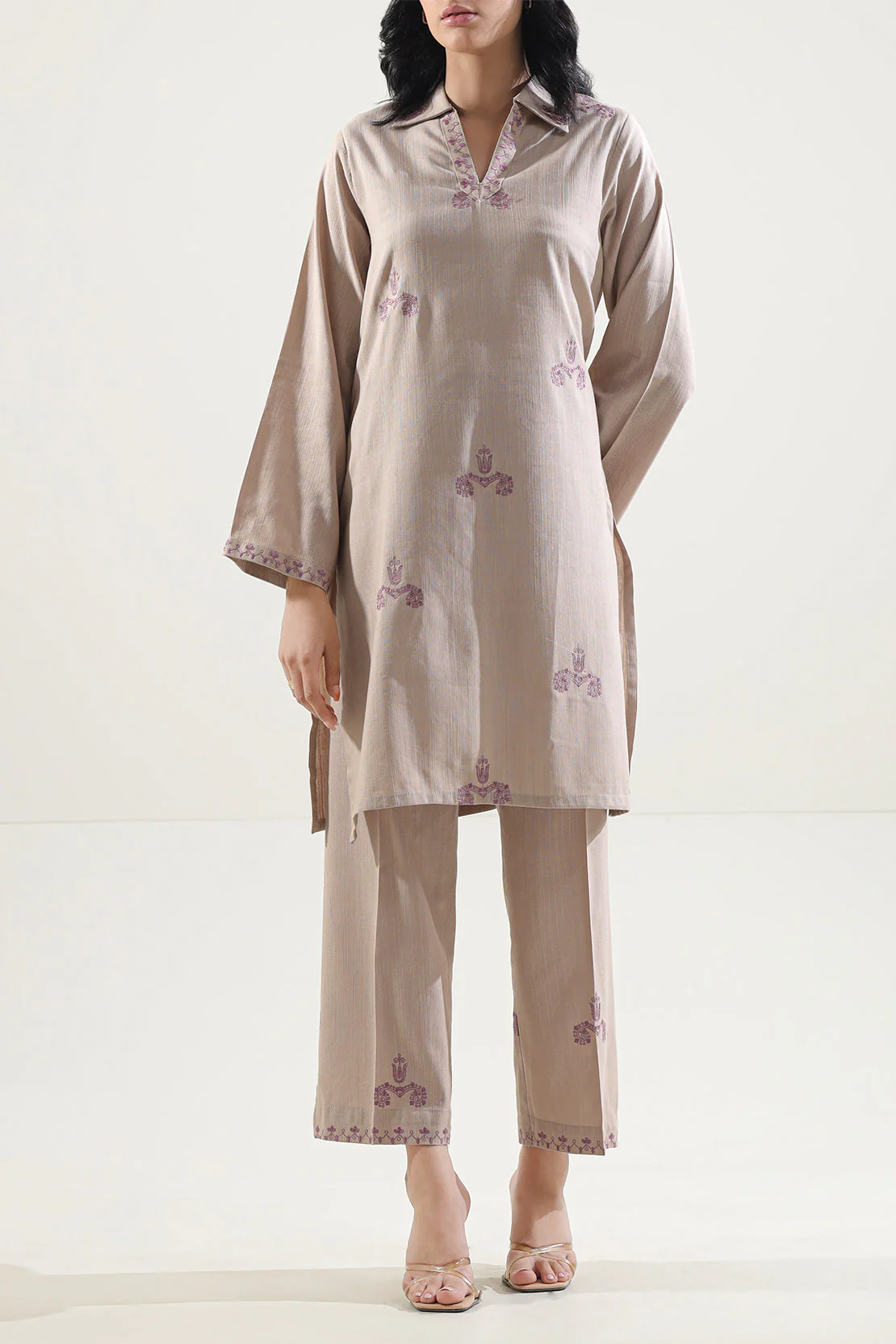 Solid Embroidered Slub Viscose Stitched 2 Piece (Shirt/Trouser)