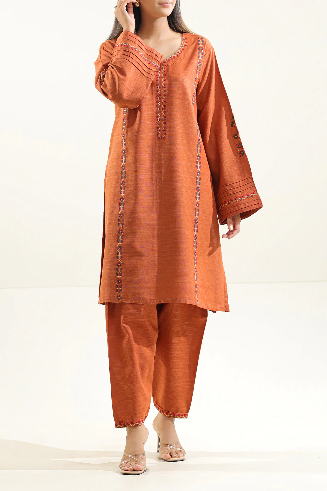 Solid Embroidered Slub Viscose Stitched 2 Piece (Shirt/Trouser)