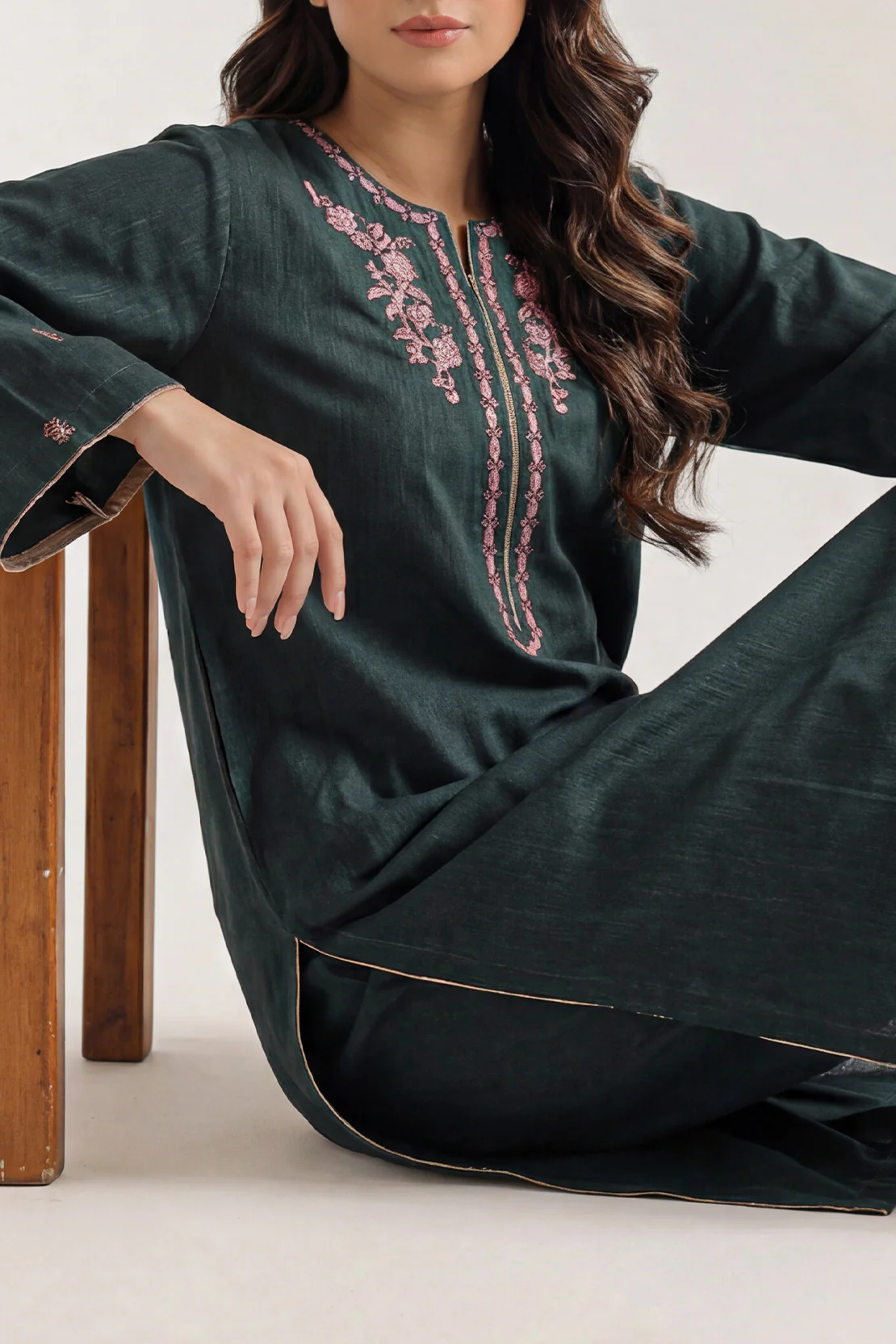 Solid Embroidered Slub Viscose Stitched Shirt - Image 2