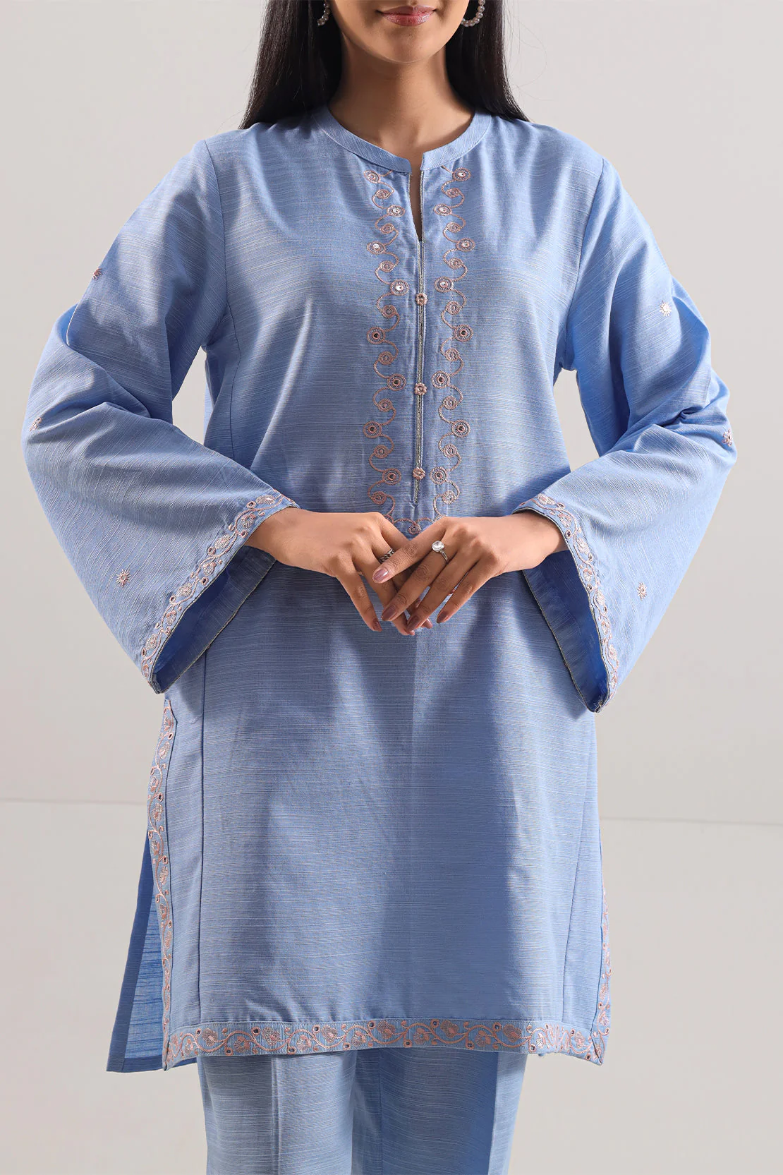 Solid Embroidered Slub Viscose Stitched Shirt - Image 3