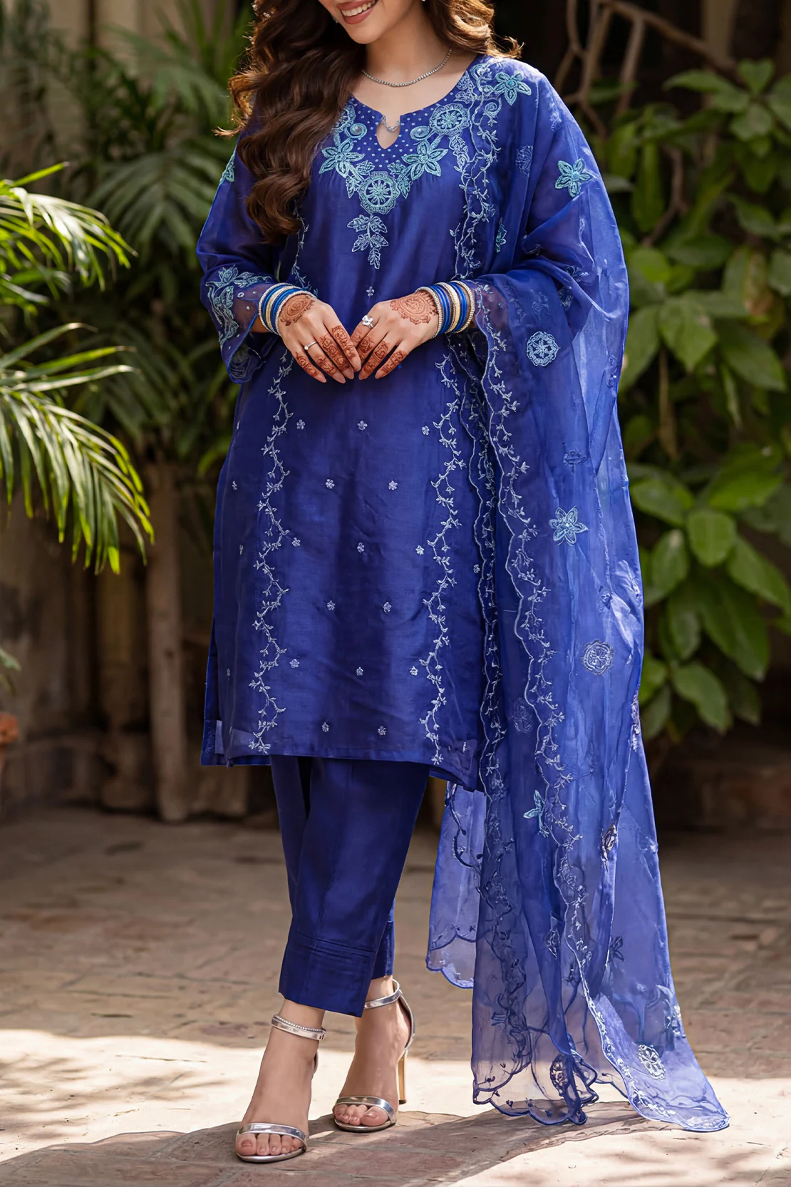 Solid Embroidered Stitched Organza 3 Piece