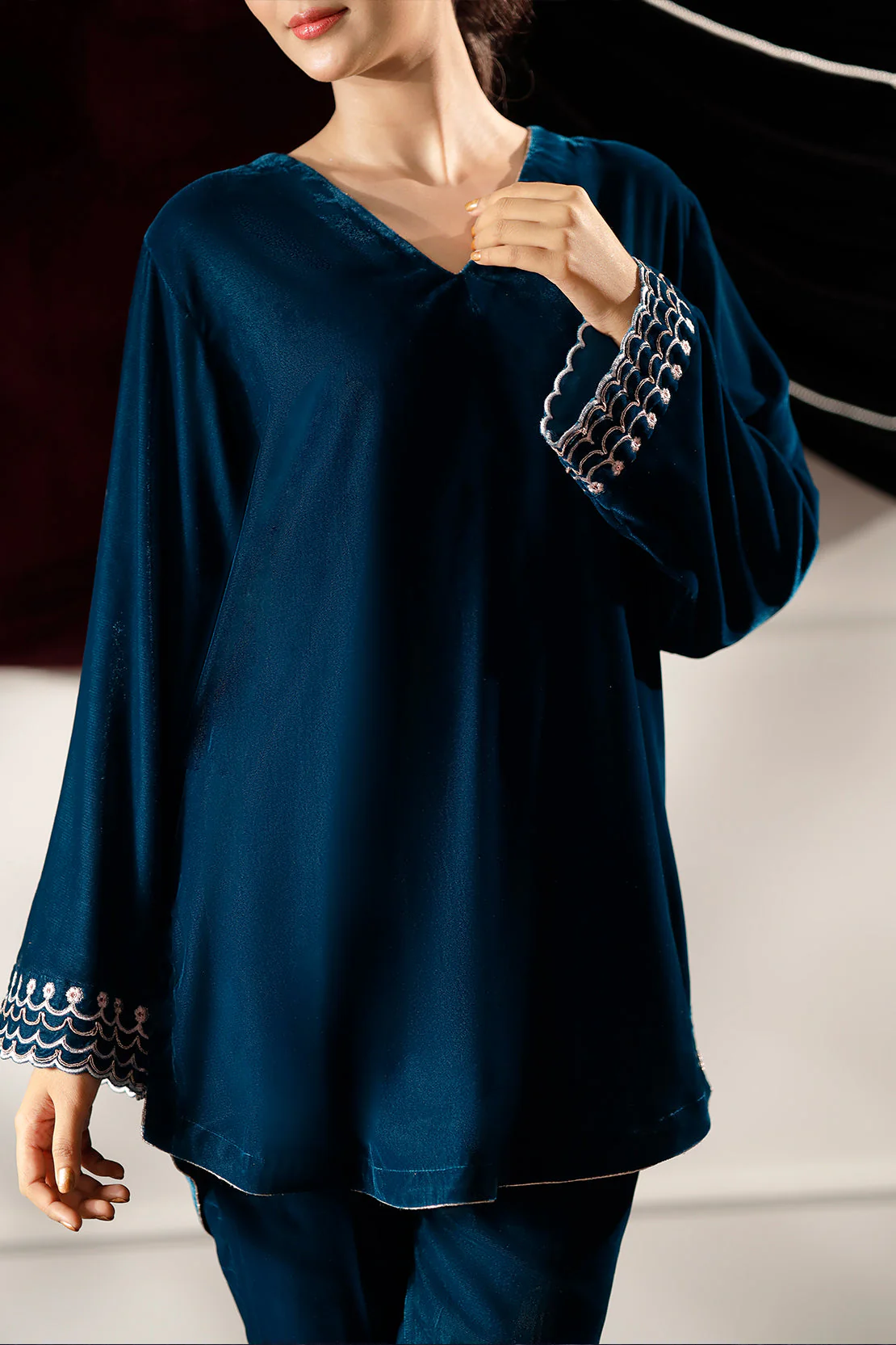 Solid Embroidered Velvet Stitched (Shirt/Trouser) - Image 4