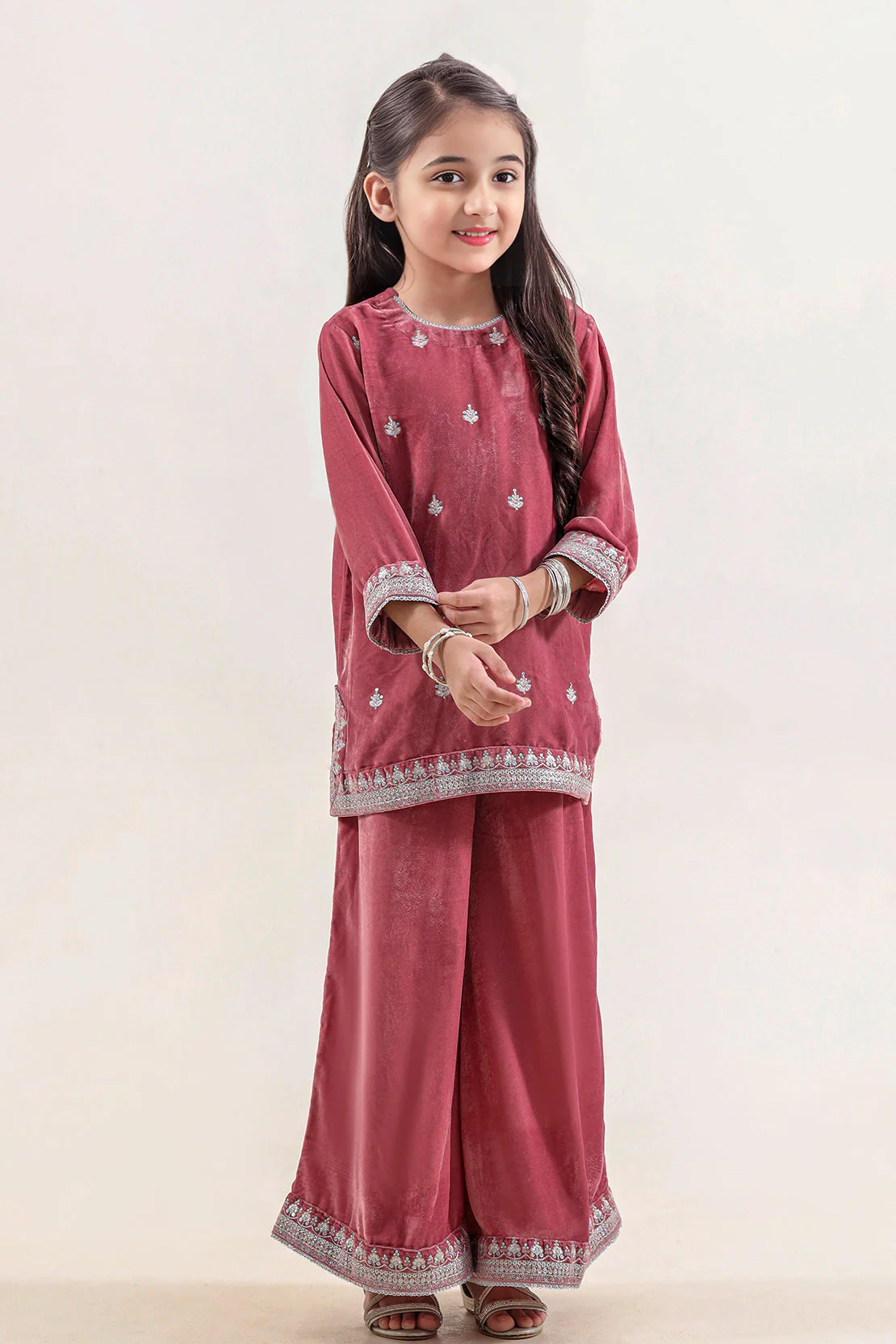 Solid Embroidered Velvet Stitched Shirt/trouser For Kids