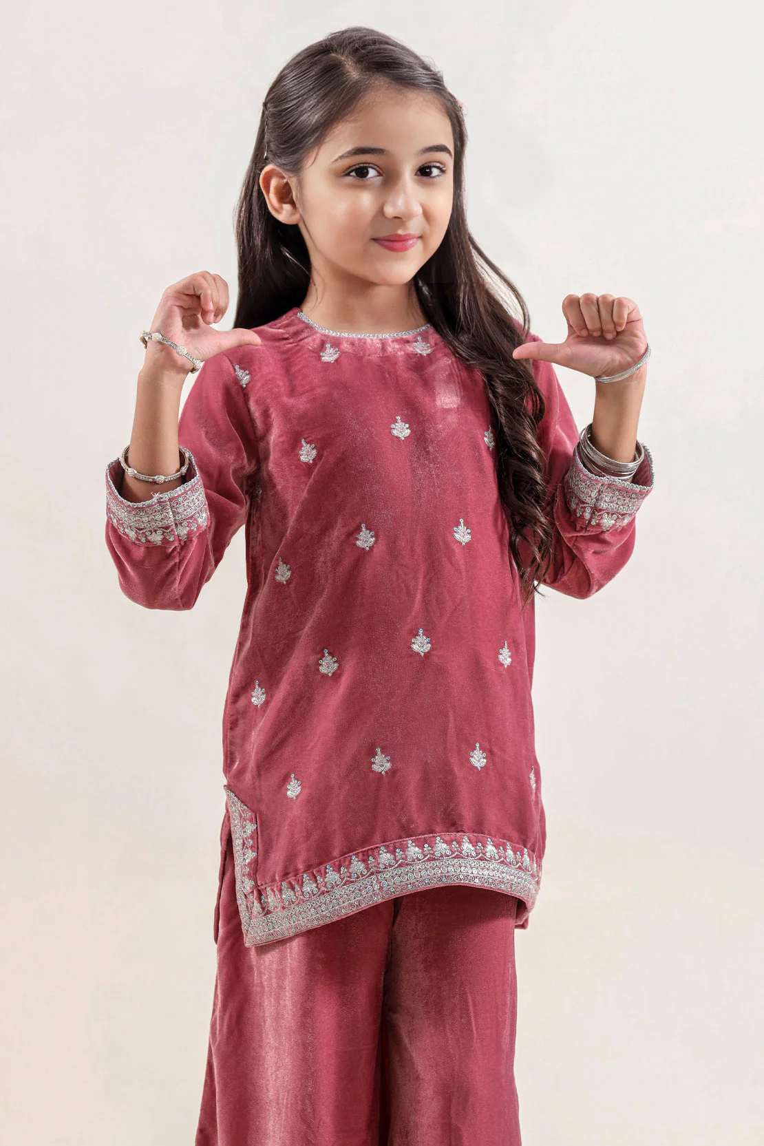 Solid Embroidered Velvet Stitched Shirt/trouser For Kids - Image 2