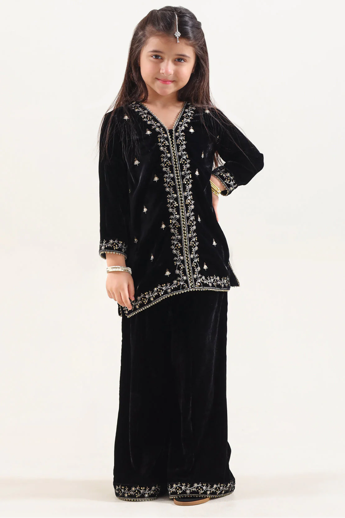 Solid Embroidered Velvet Stitched Shirt/trouser For Kids