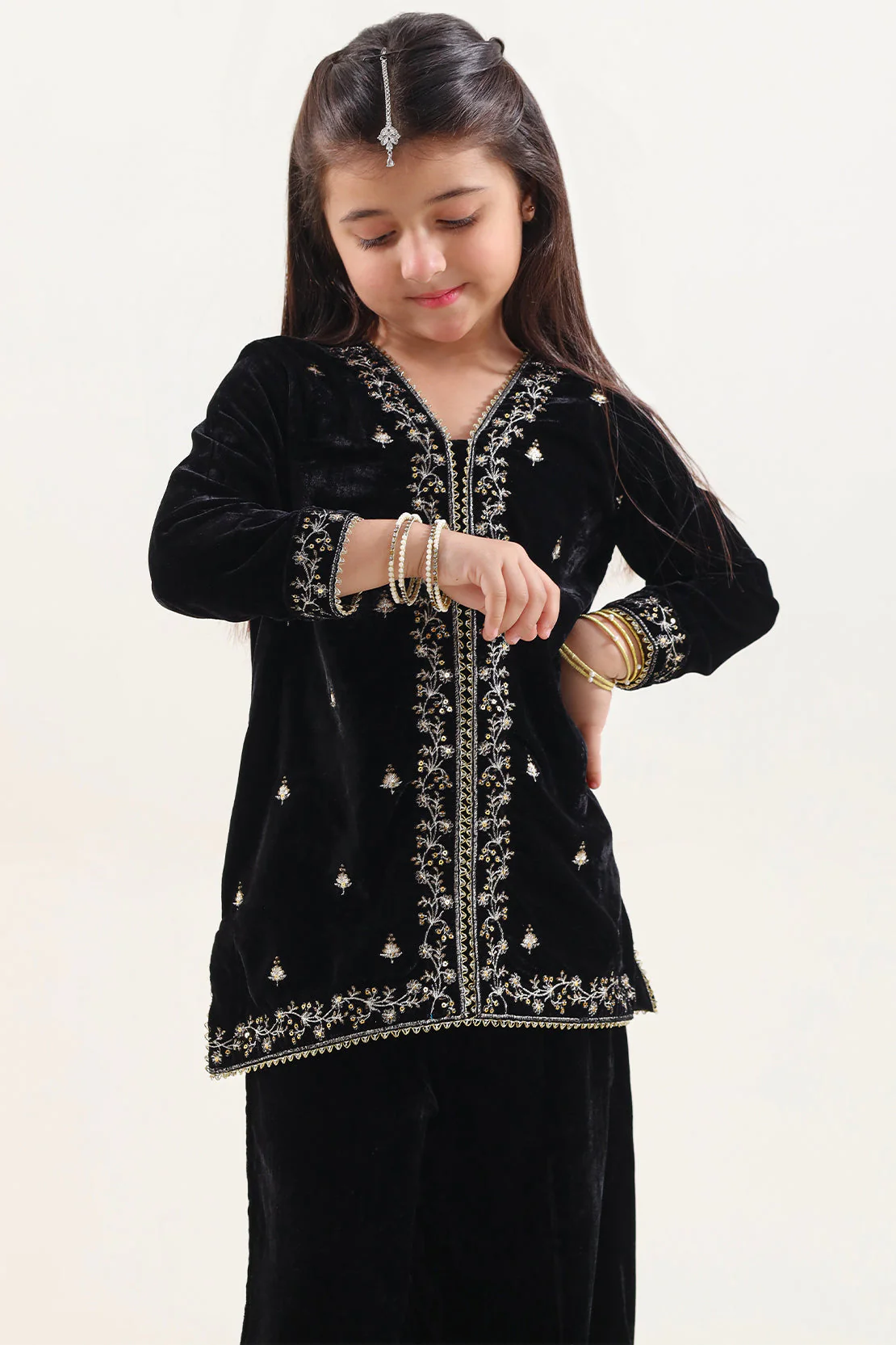 Solid Embroidered Velvet Stitched Shirt/trouser For Kids - Image 2