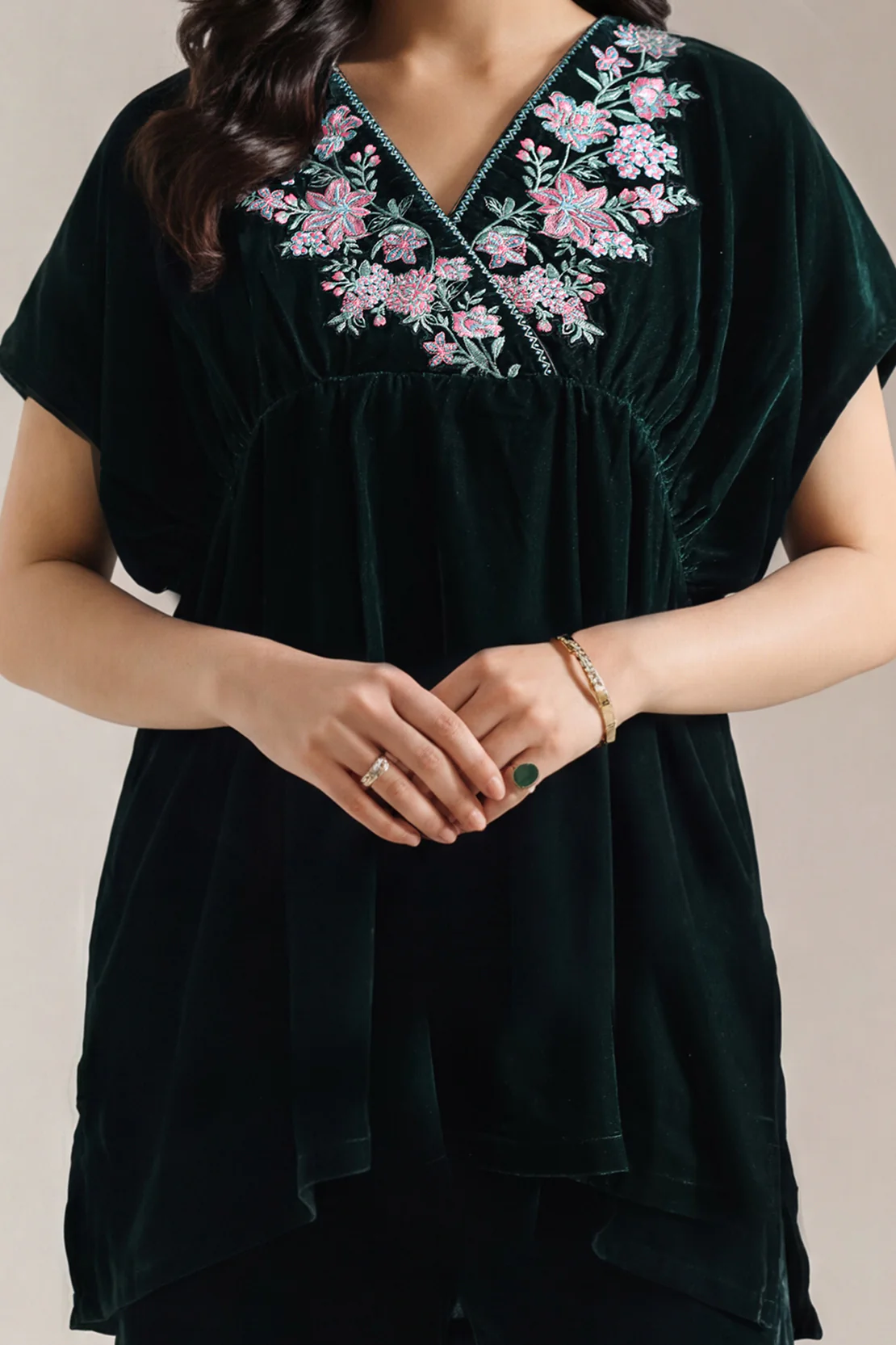Solid Embroidered Velvet Stitched Shirt - Image 2