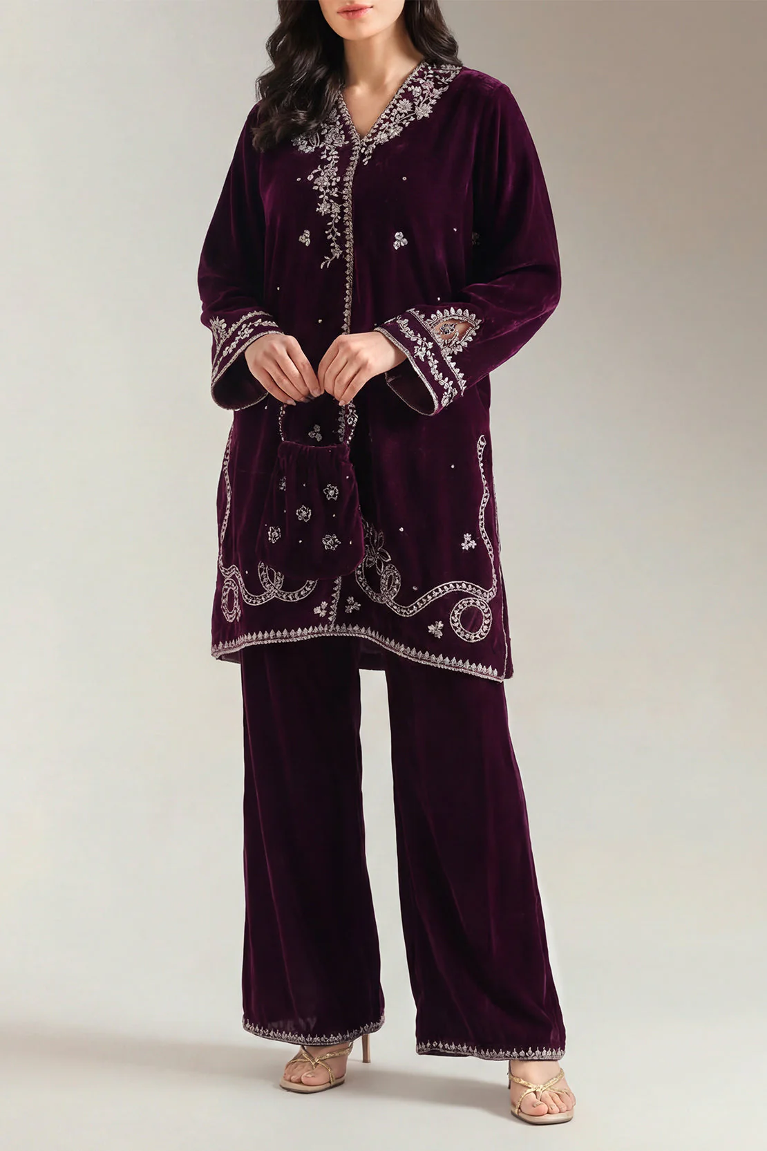 Solid Embroidered Velvet Stitched Shirt