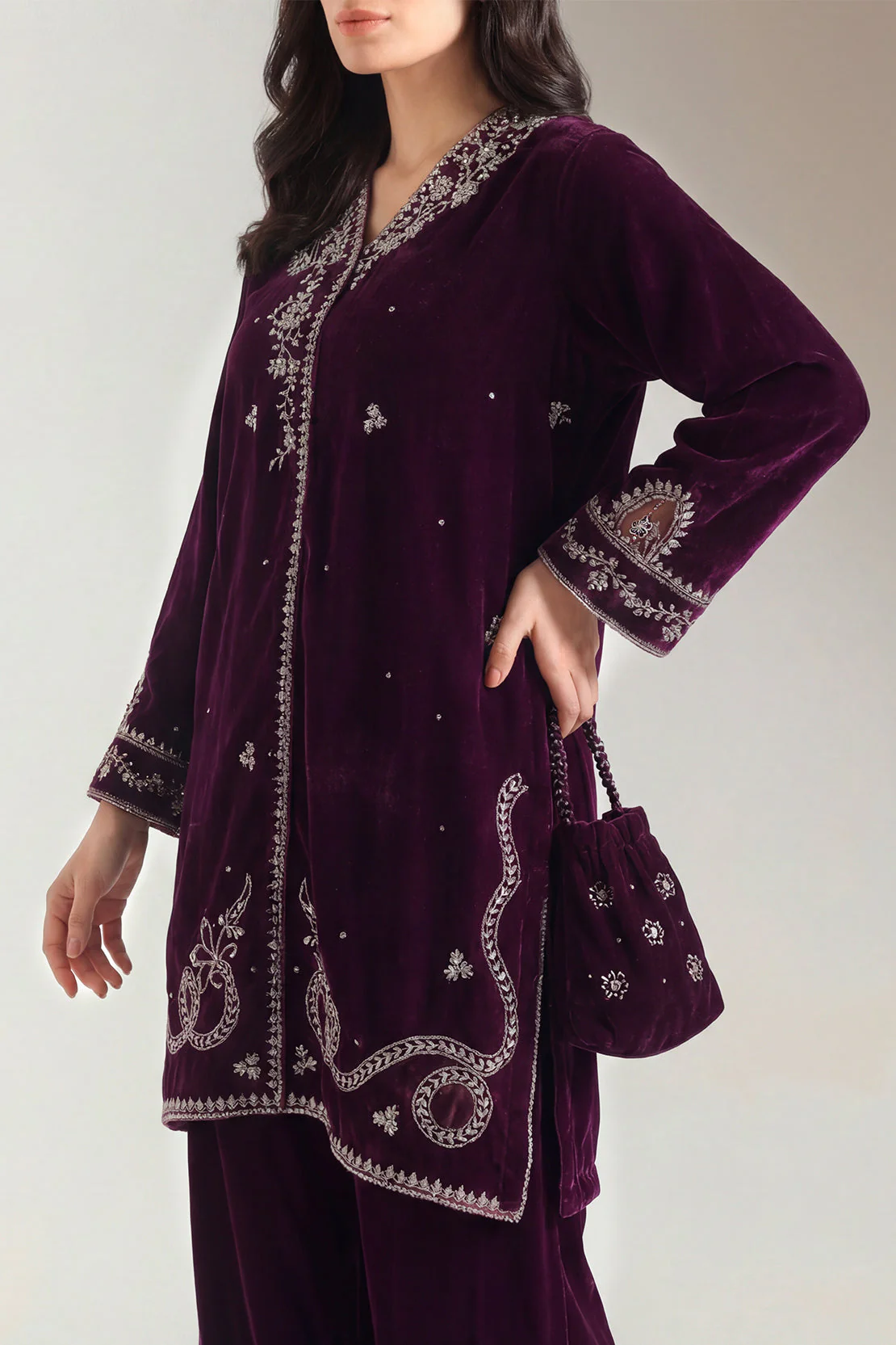 Solid Embroidered Velvet Stitched Shirt - Image 2