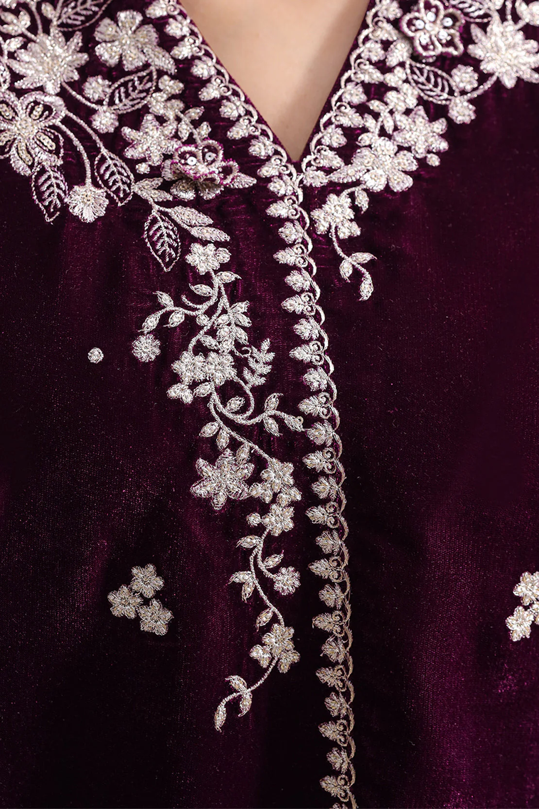 Solid Embroidered Velvet Stitched Shirt - Image 3