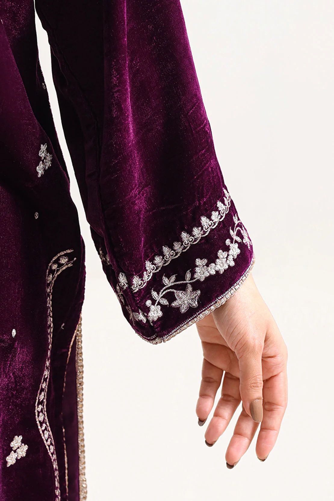 Solid Embroidered Velvet Stitched Shirt - Image 5