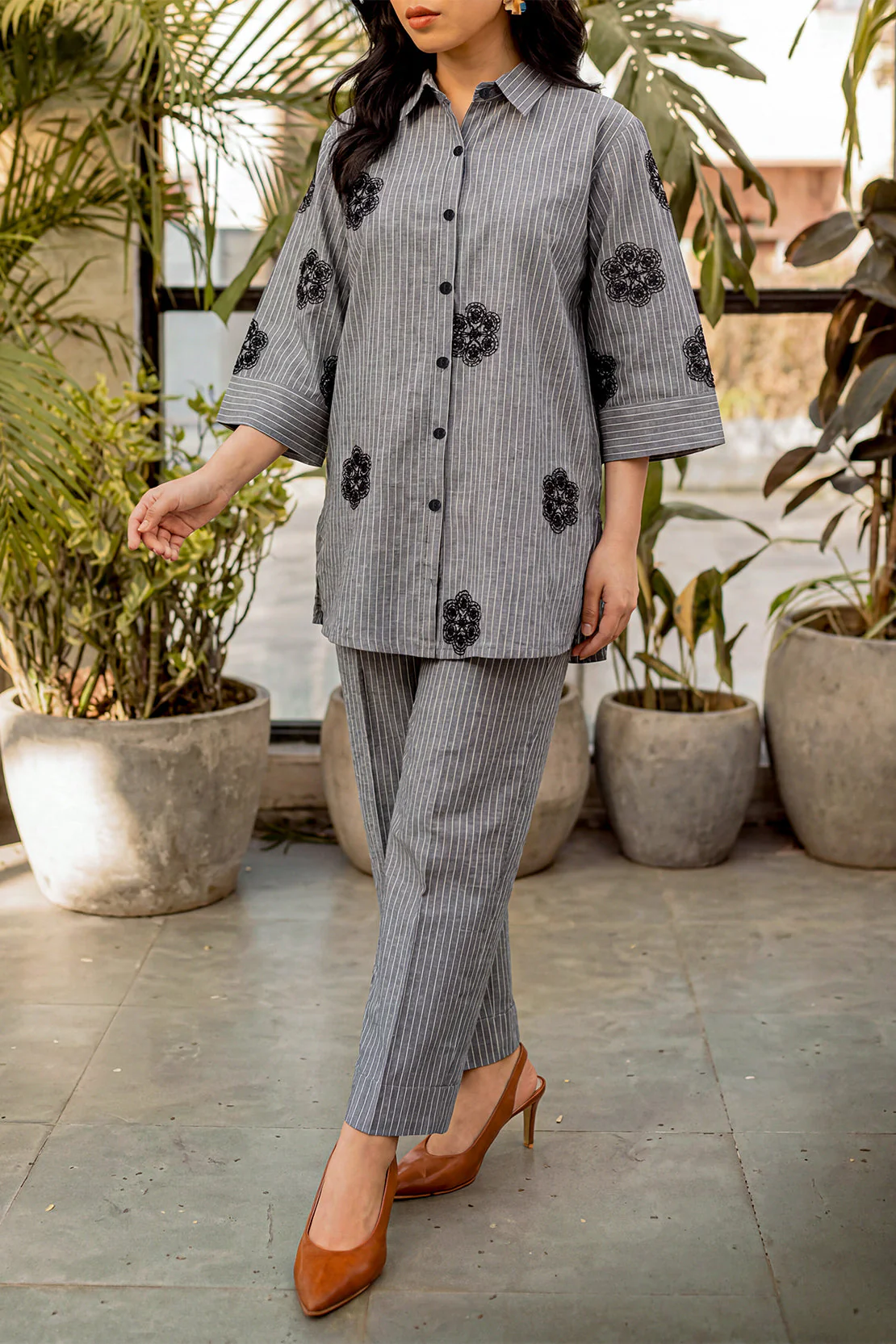 Solid Embroidered Yarn Dyed Stitched 2 Piece (Shirt/Trouser) - Image 2