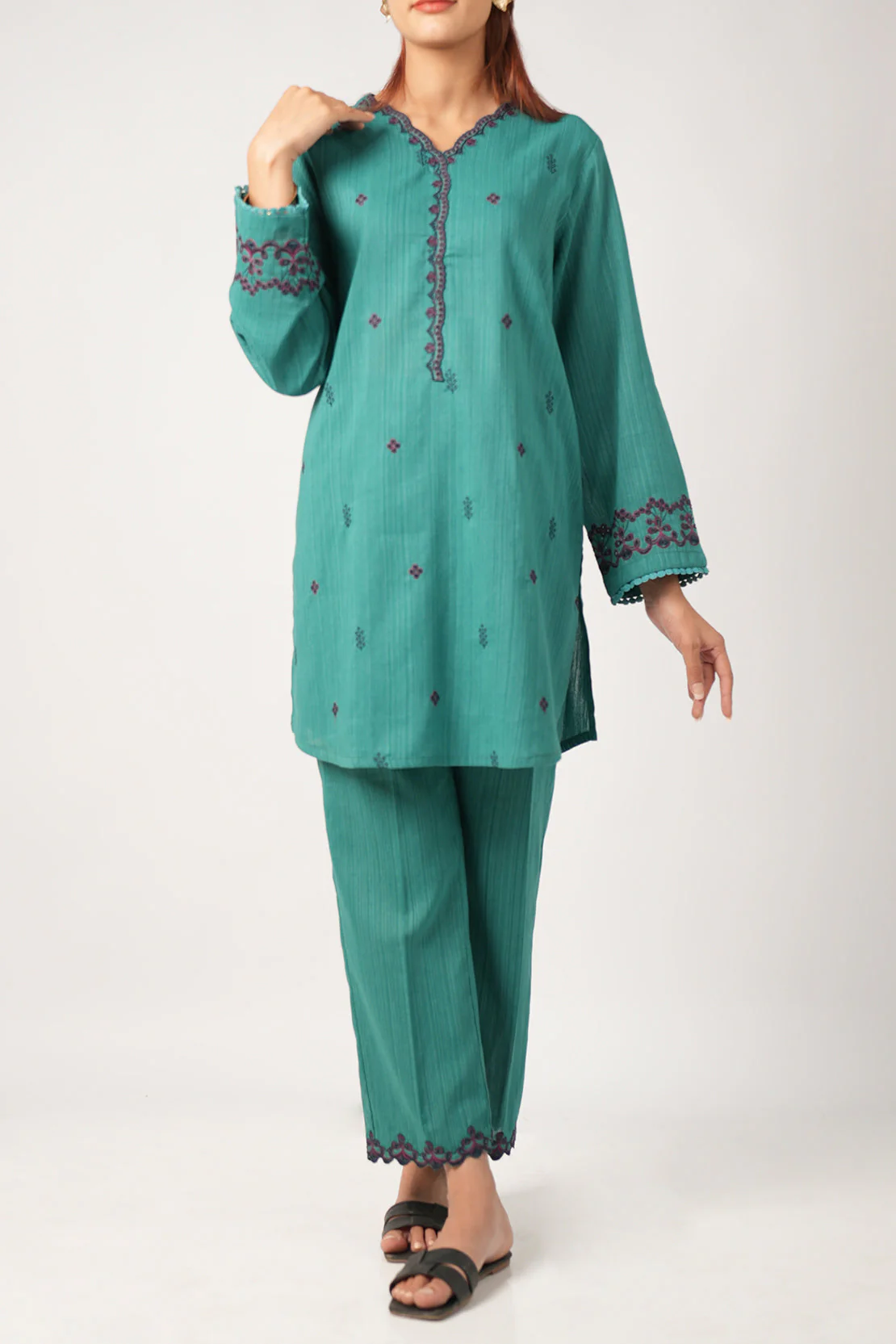 Solid Embroidered Zari Filament Stitched 2 Piece (Shirt/Trouser) - Image 2