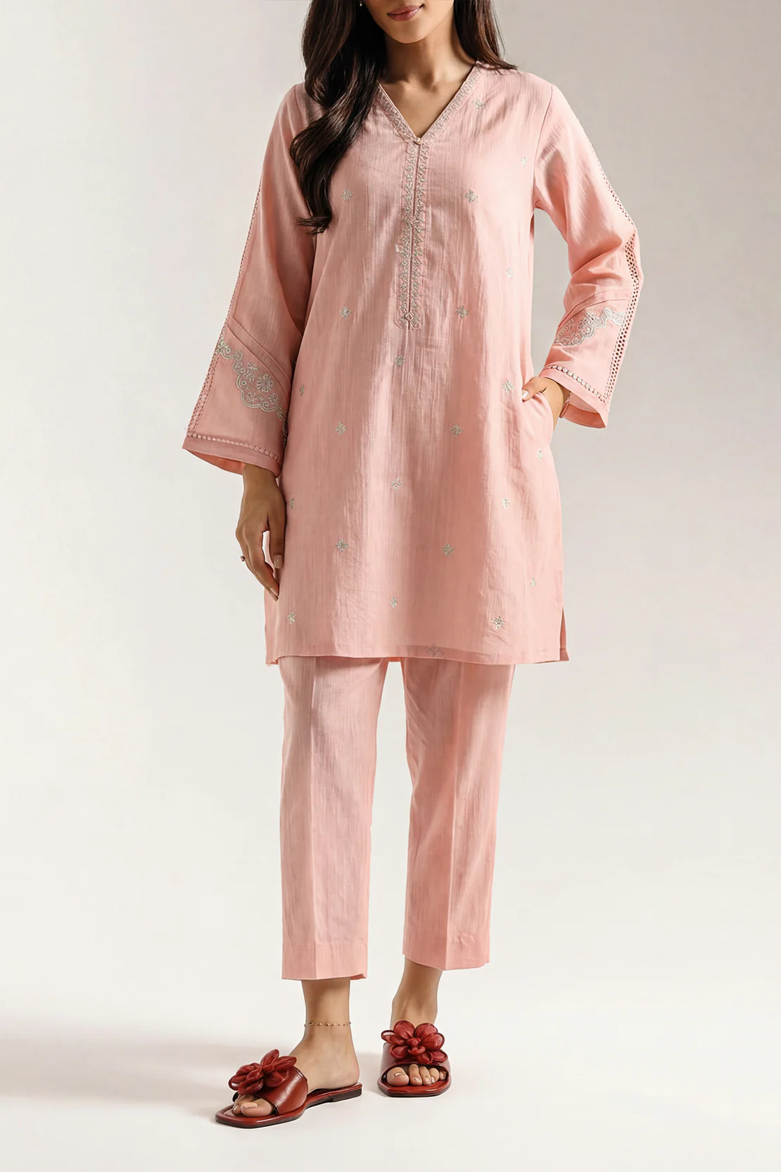 Solid Embroidered Zari Filament Stitched 2 Piece (Shirt/Trouser) - Image 2