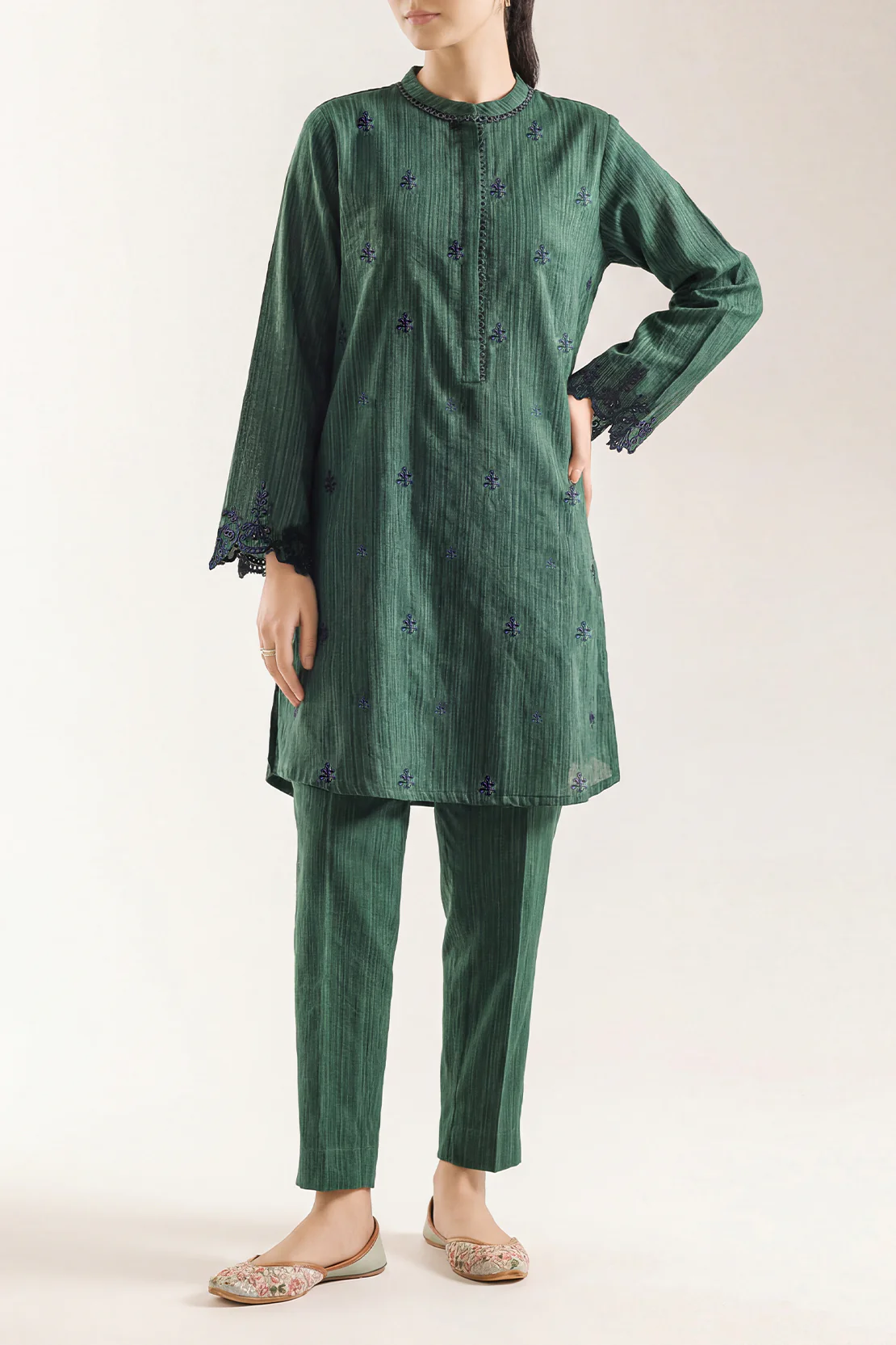 Solid Embroidered Zari Silk Touch Stitched 2 Piece (Shirt/Trouser)