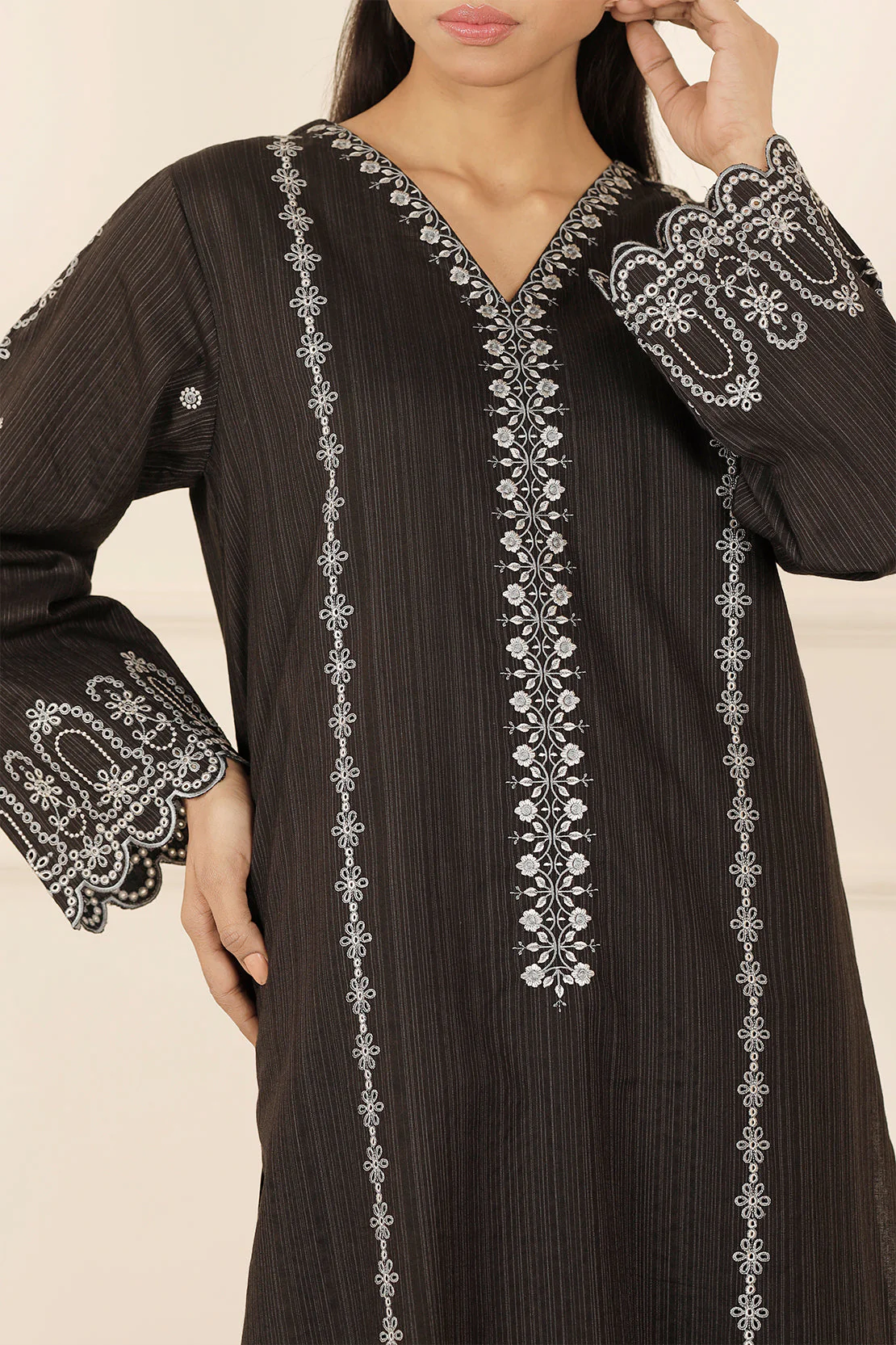 Solid Embroidered Zari Stript Stitched 2 Piece (Shirt/Trouser) - Image 3