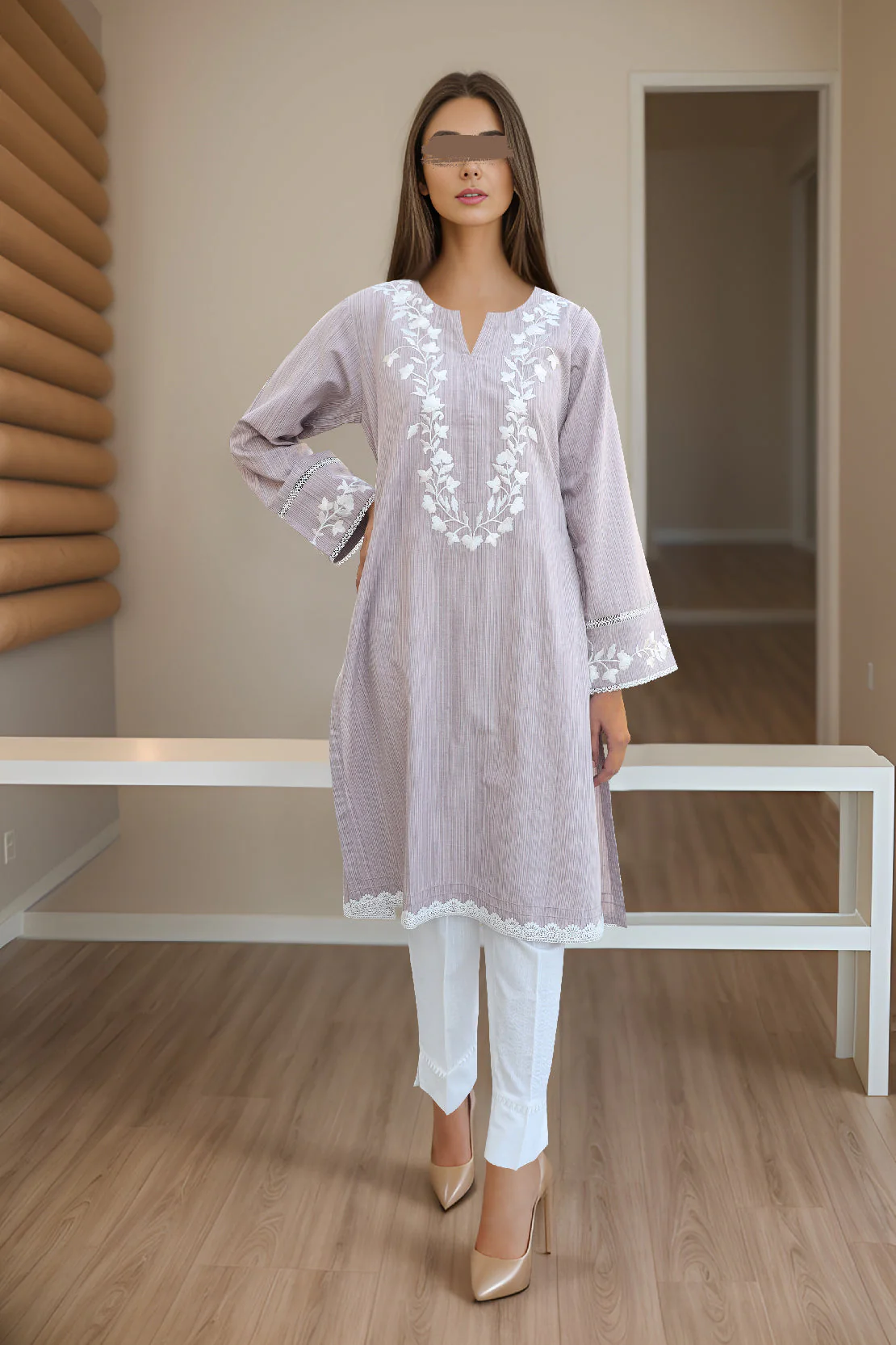 Solid Embroidery Viscose Slub Stitched Shirt