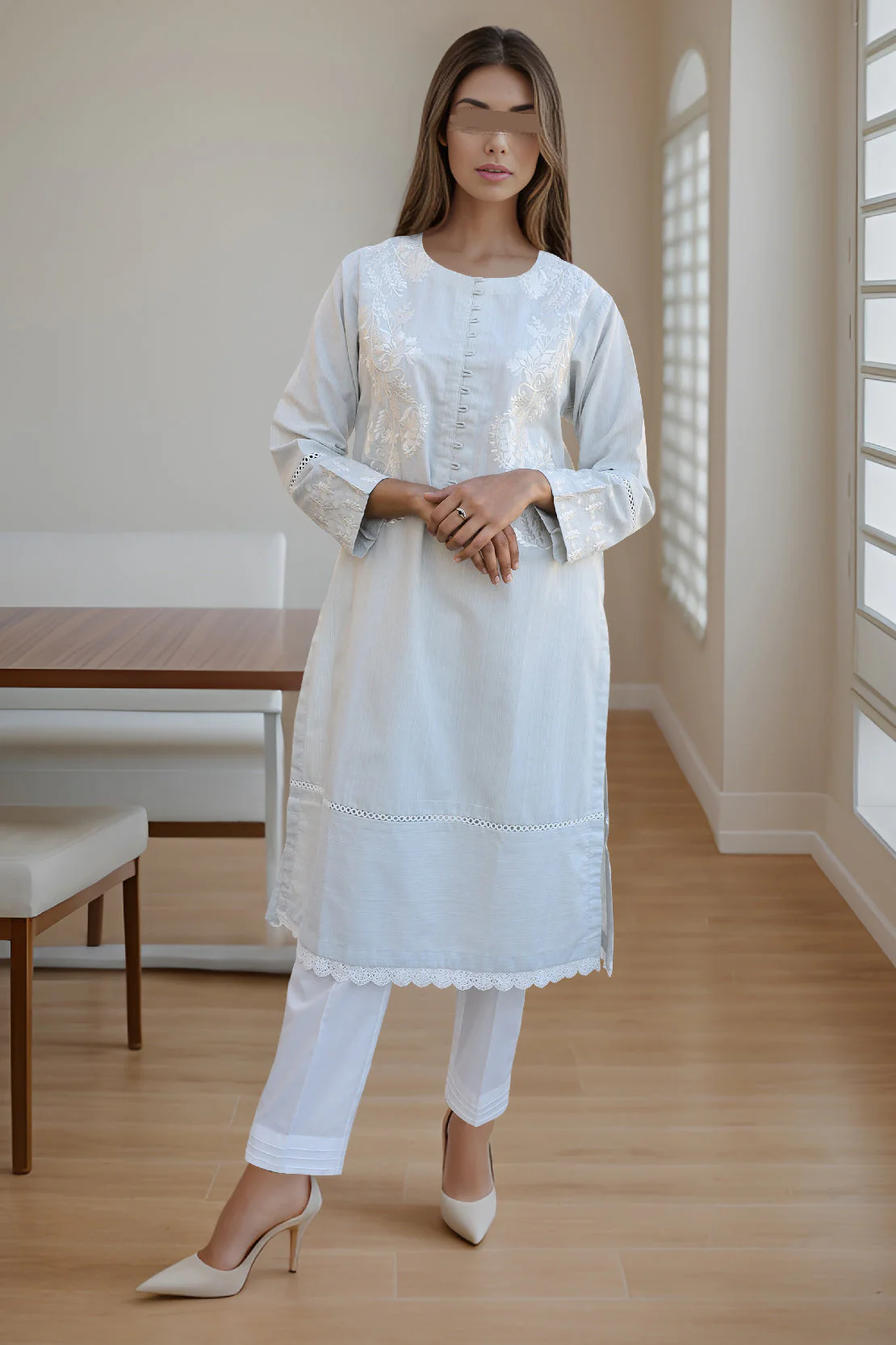 Solid Embroidery Viscose Slub Stitched Shirt