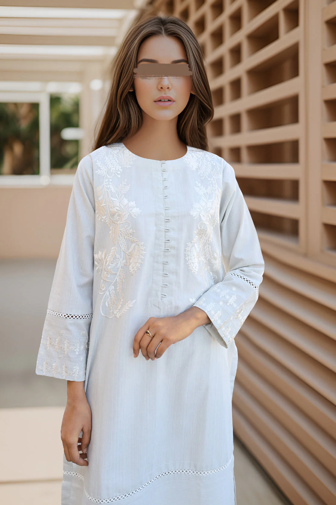 Solid Embroidery Viscose Slub Stitched Shirt - Image 2