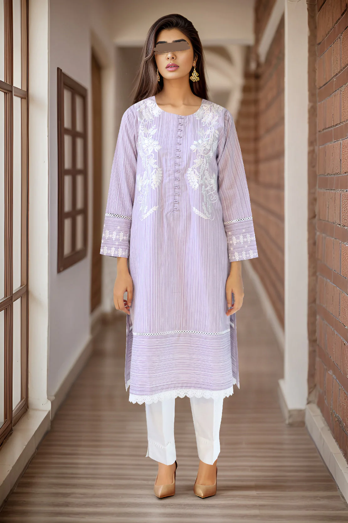 Solid Embroidery Viscose Slub Stitched Shirt