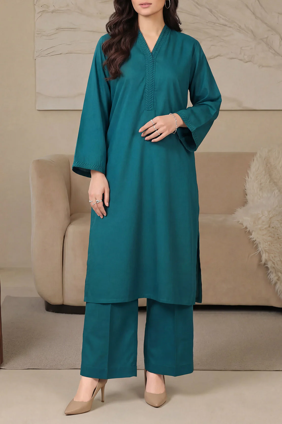 Solid Peach Fabric Stitched 2 Piece (Shirt/Trouser)