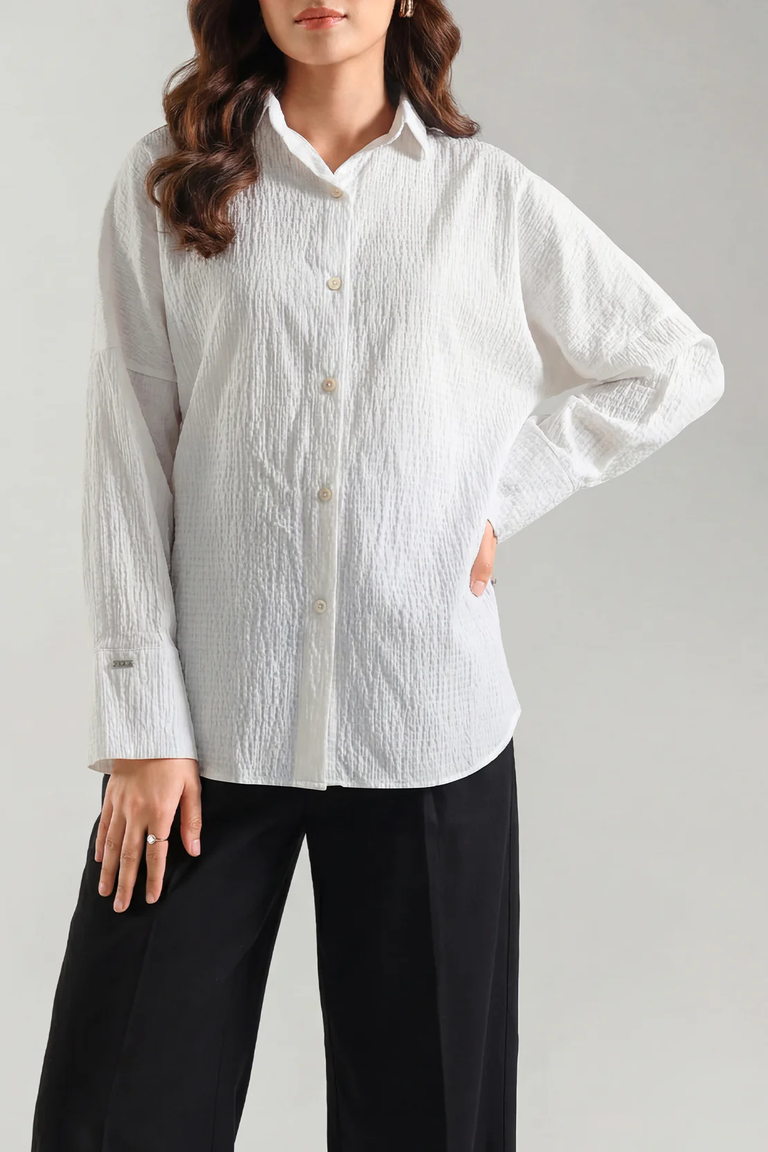 Solid Seersucker Stitched Shirt - Image 2