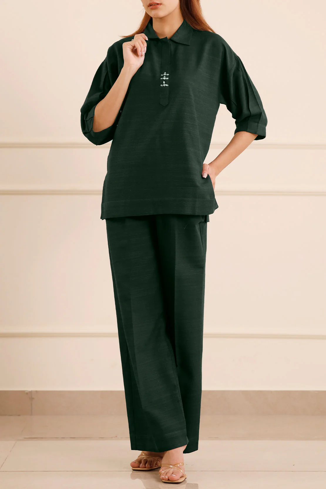 Solid Slub Viscose Stitched 2 Piece (Shirt/Trouser) - Image 2