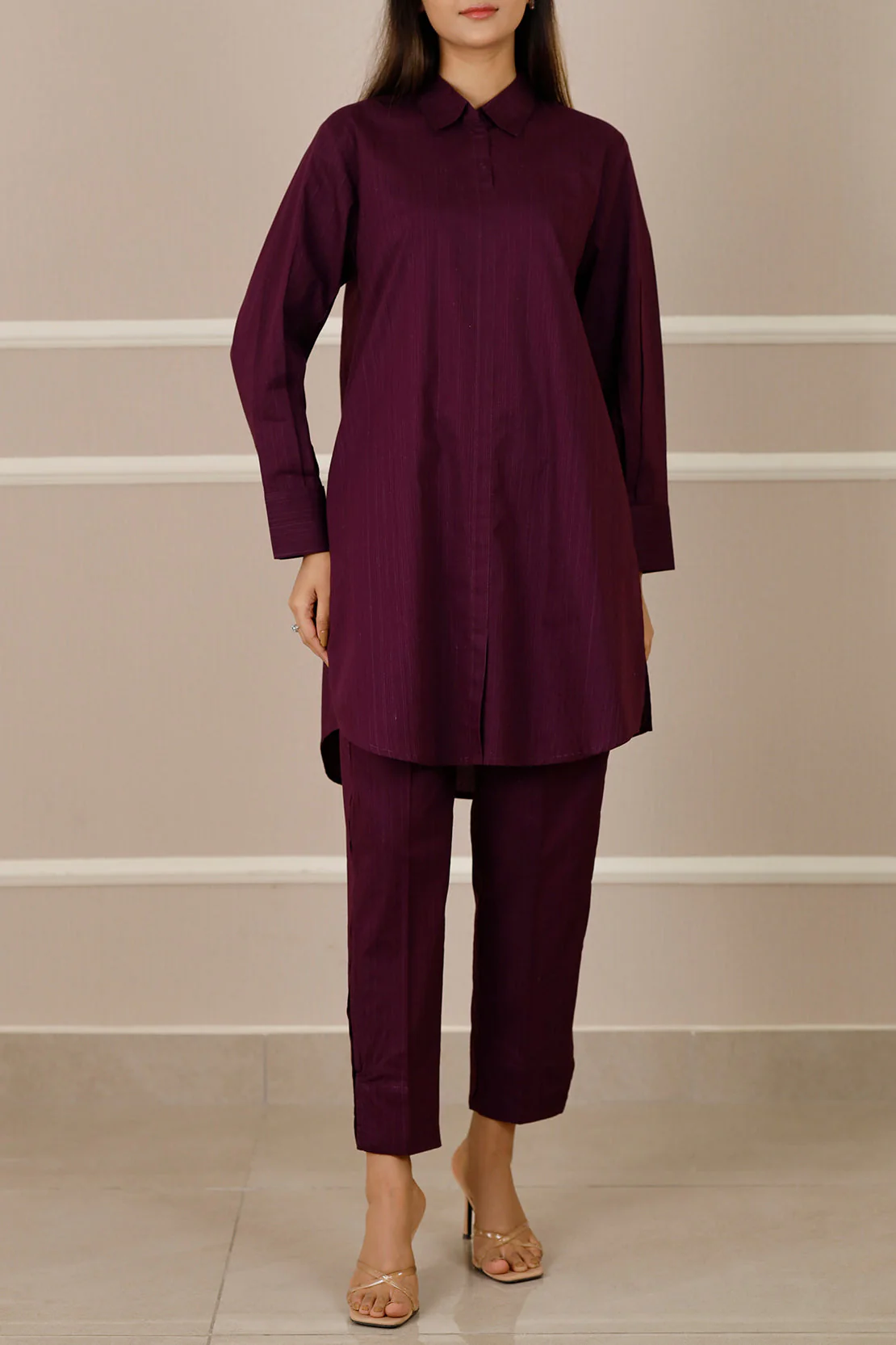 Solid Zari Filament Stitched Shirt - Image 3