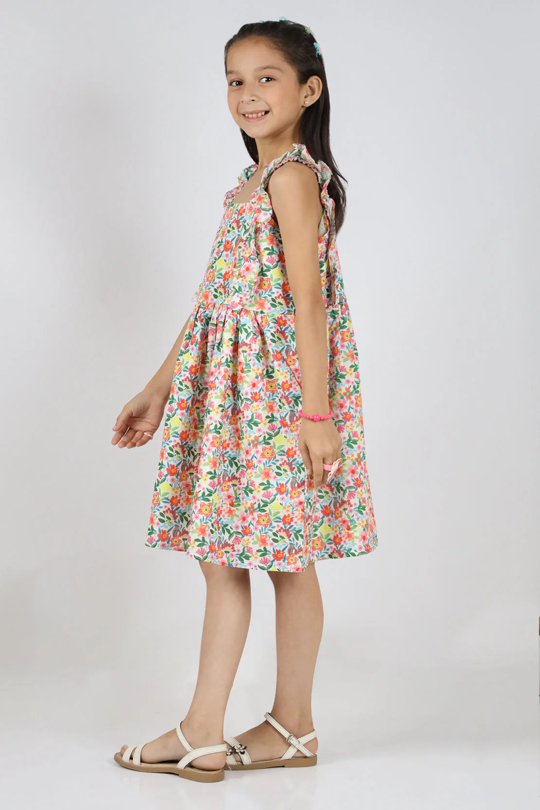 Stitched Cotton Dobby Printed Floral Sleeveless Smock Dress For Kids - Image 2