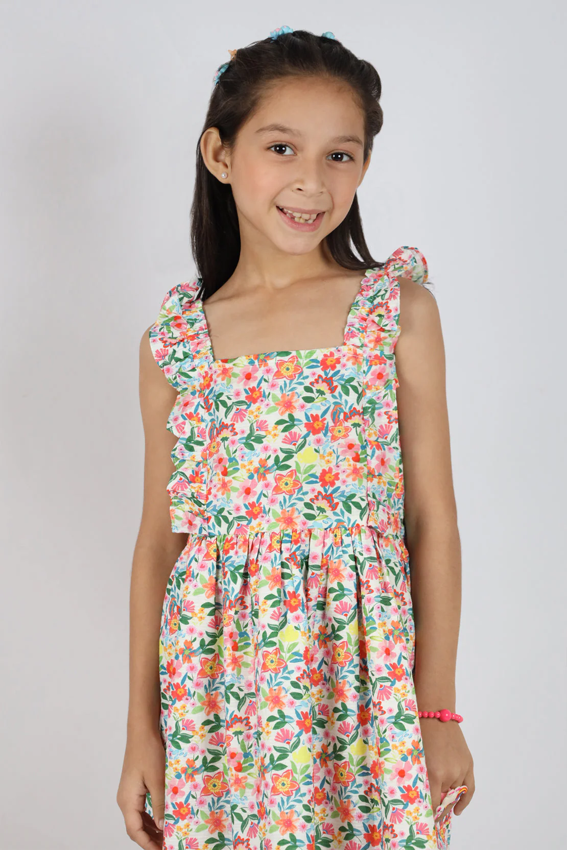 Stitched Cotton Dobby Printed Floral Sleeveless Smock Dress For Kids - Image 3