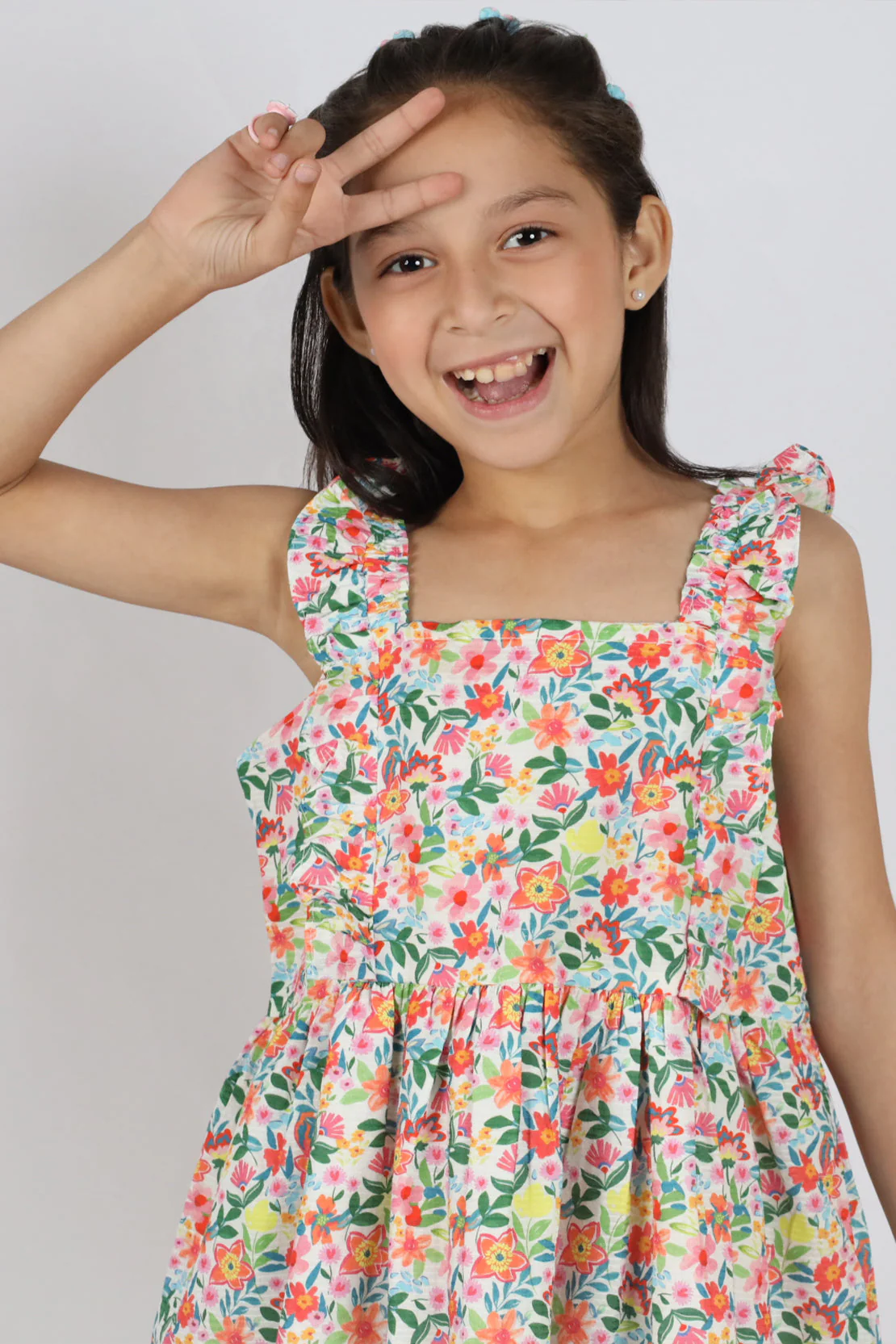 Stitched Cotton Dobby Printed Floral Sleeveless Smock Dress For Kids - Image 4