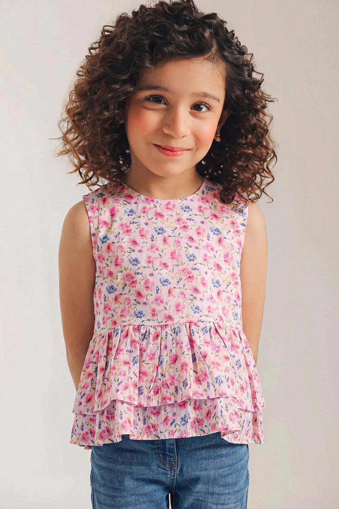 Stitched Cotton Dobby Printed Ruffle Peplum Top - Image 2