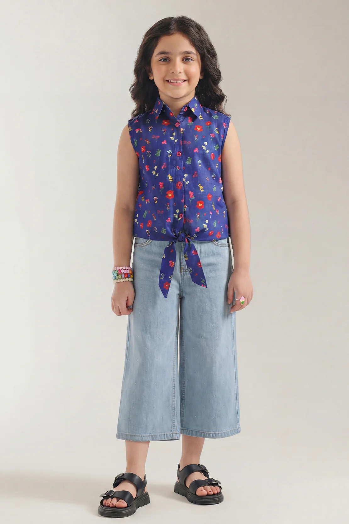 Stitched Cotton Dobby Printed Sleeveless Collared Shirt For Kids