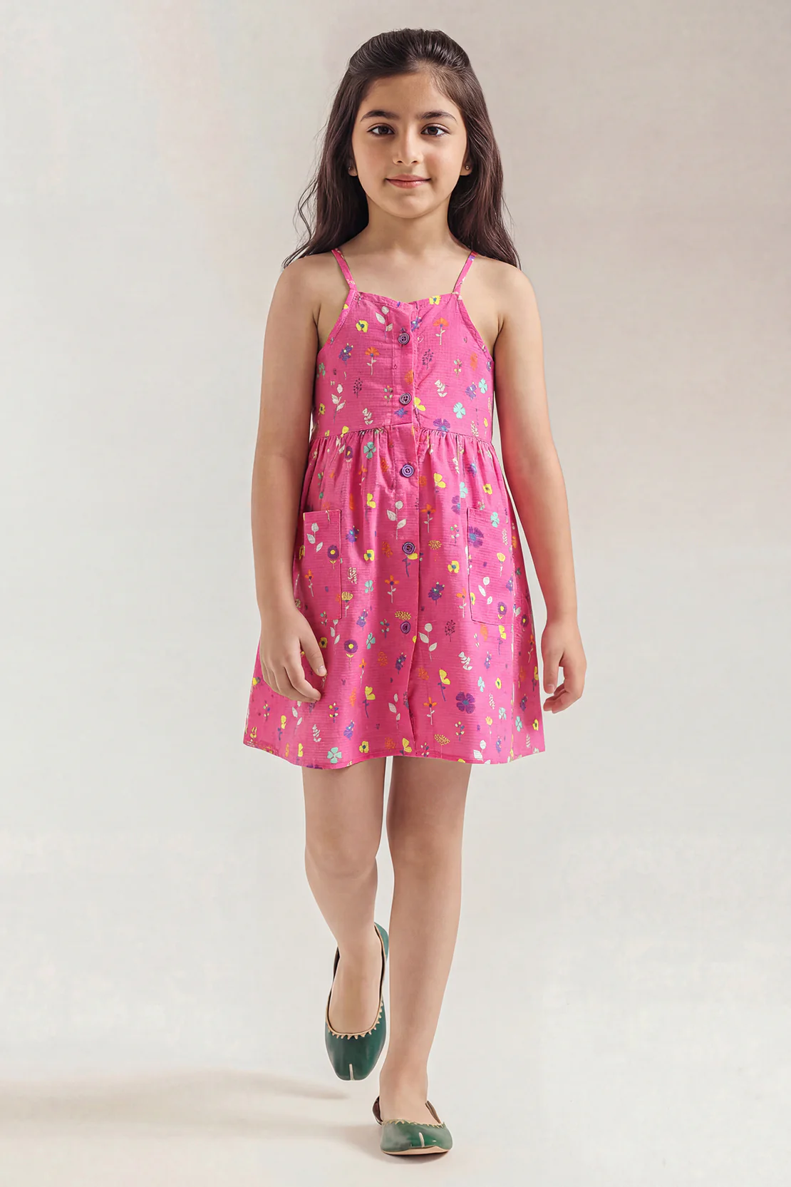 Stitched Cotton Dobby Printed Sleeveless  Floral Strap Dress - Image 2
