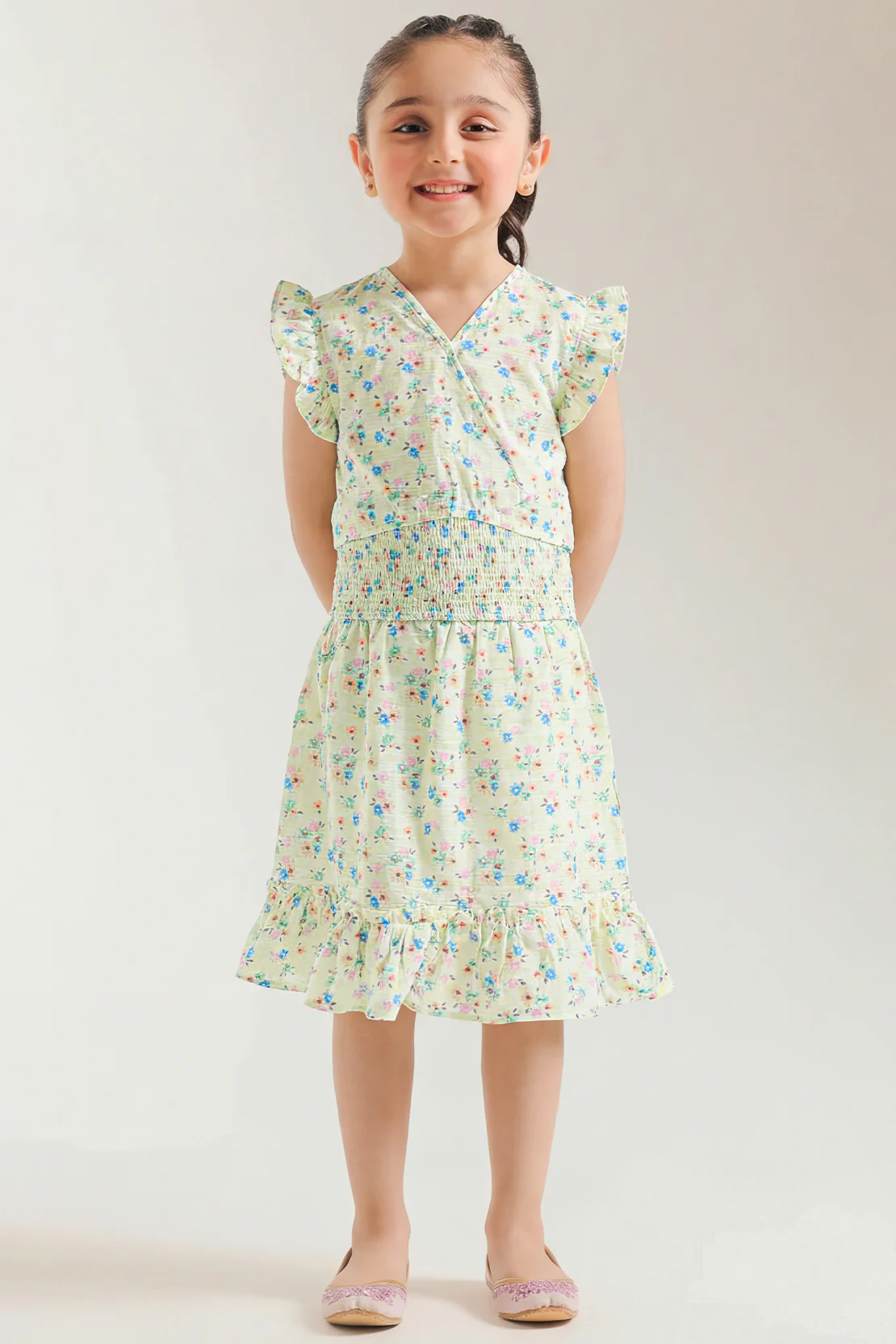 Stitched Cotton Dobby Smock Top With Smock Tier Panel Skirt For Kids