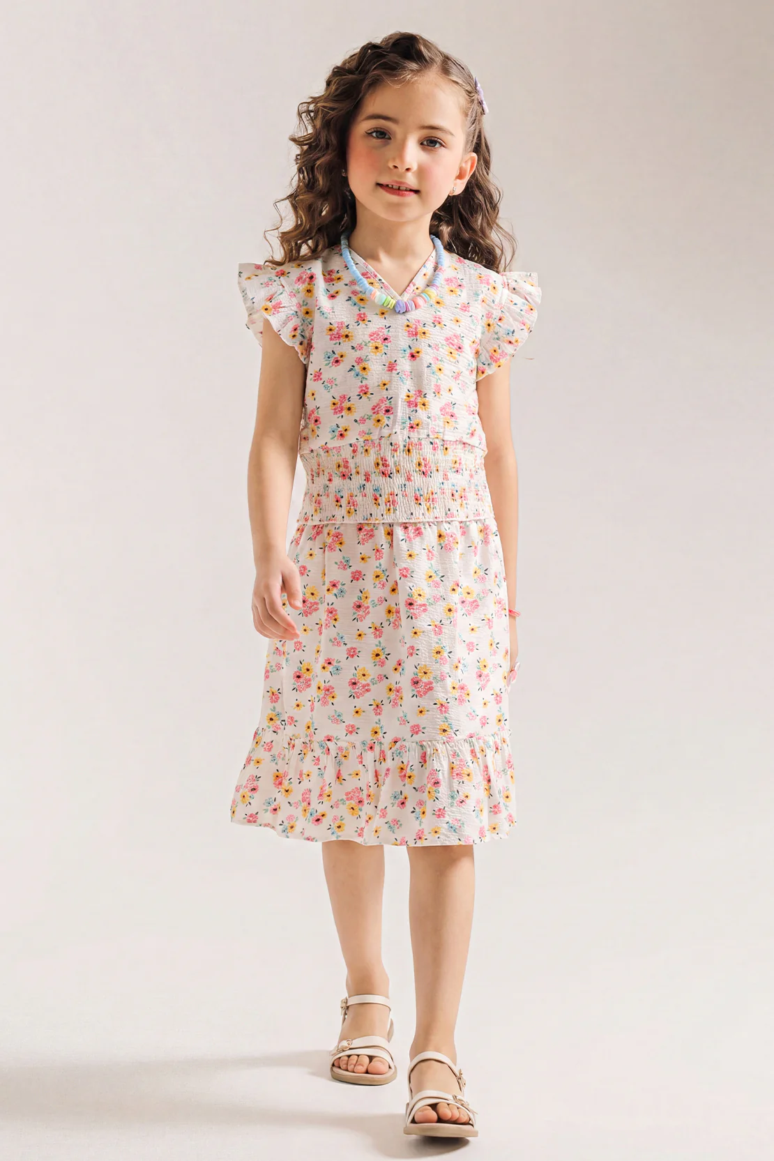 Stitched Cotton Dobby Smock Top With Smock Tier Panel Skirt For Kids