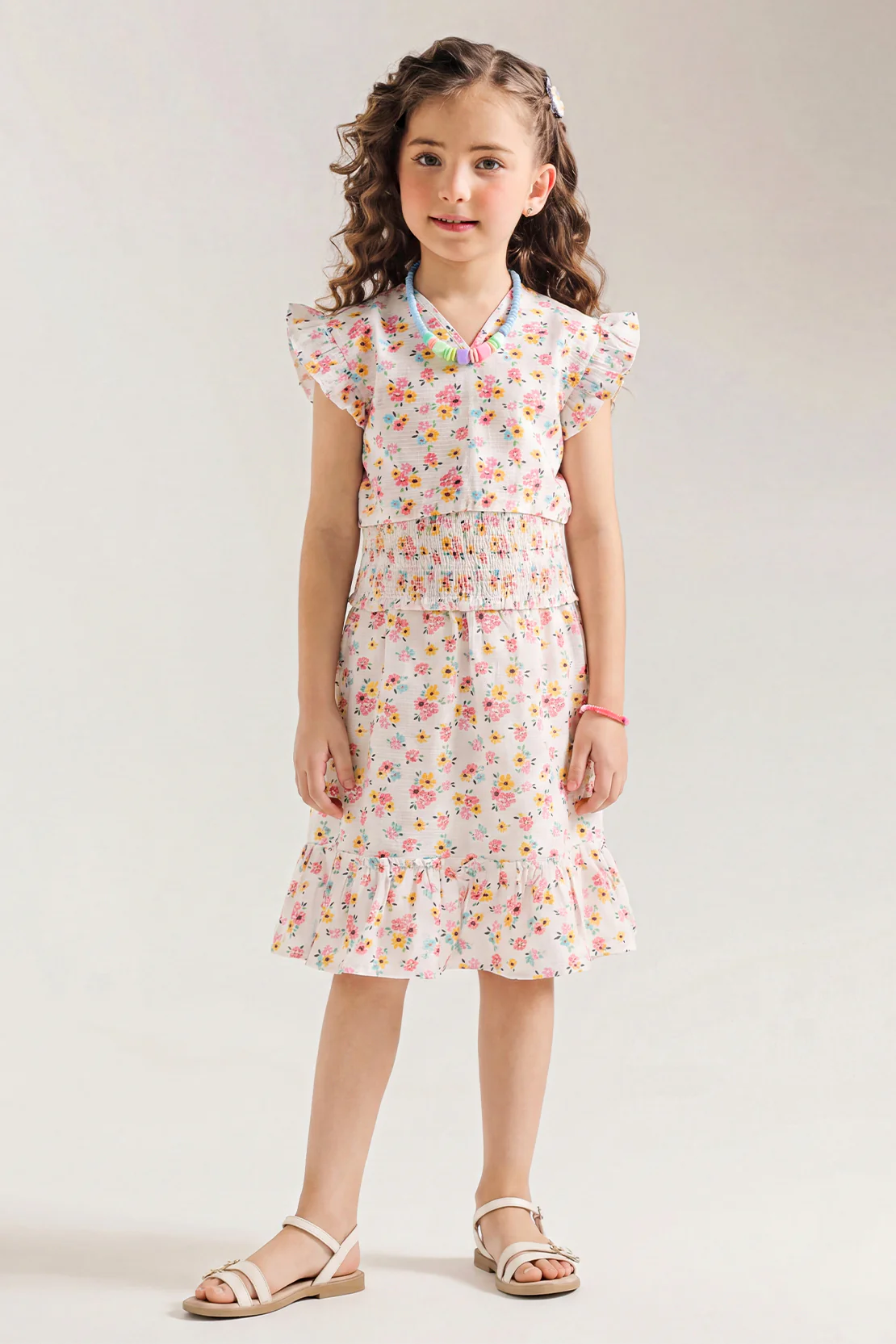 Stitched Cotton Dobby Smock Top With Smock Tier Panel Skirt For Kids - Image 3