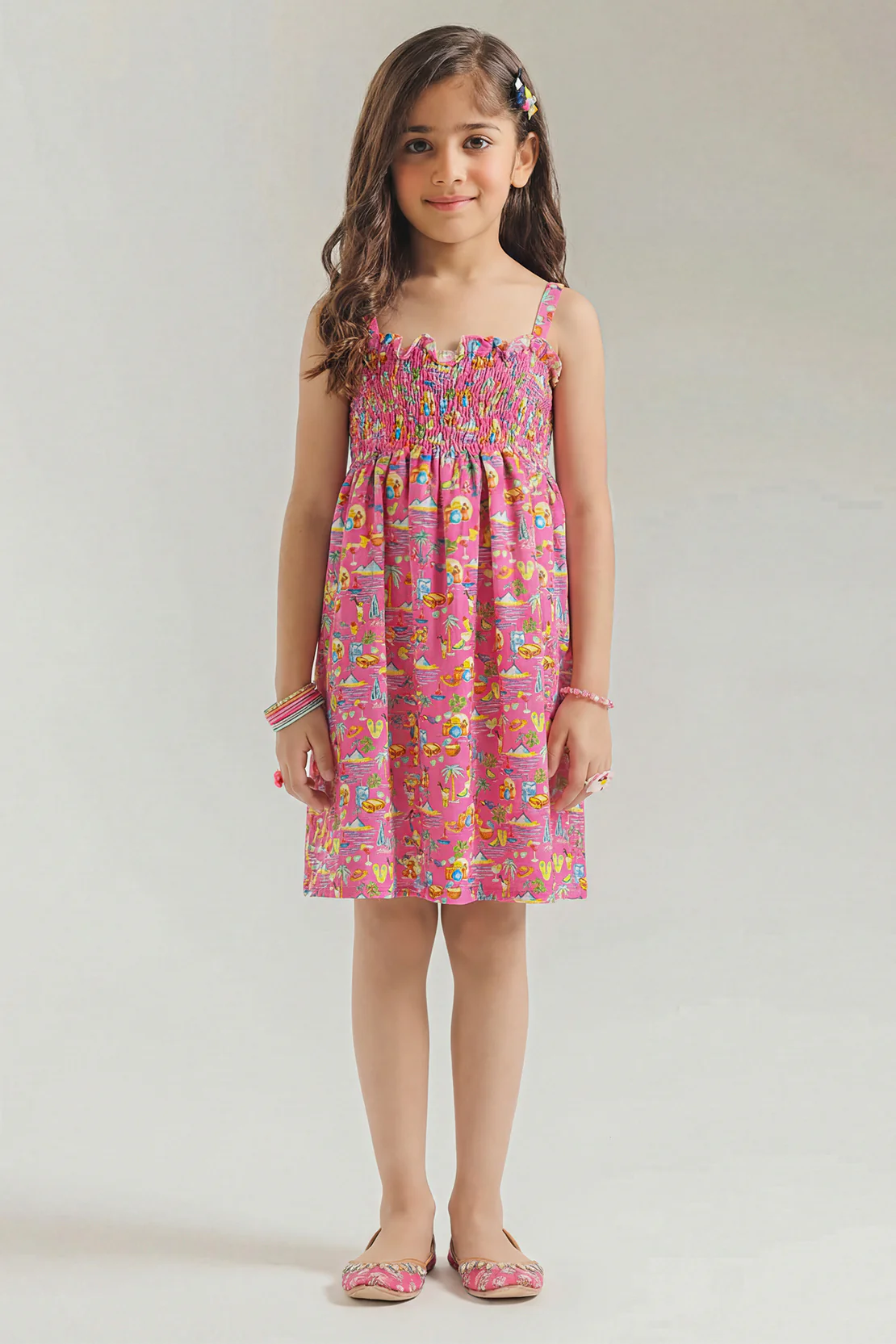 Stitched Cotton Dobby Sleeveless Tier Panel Floral Dress For Kid's
