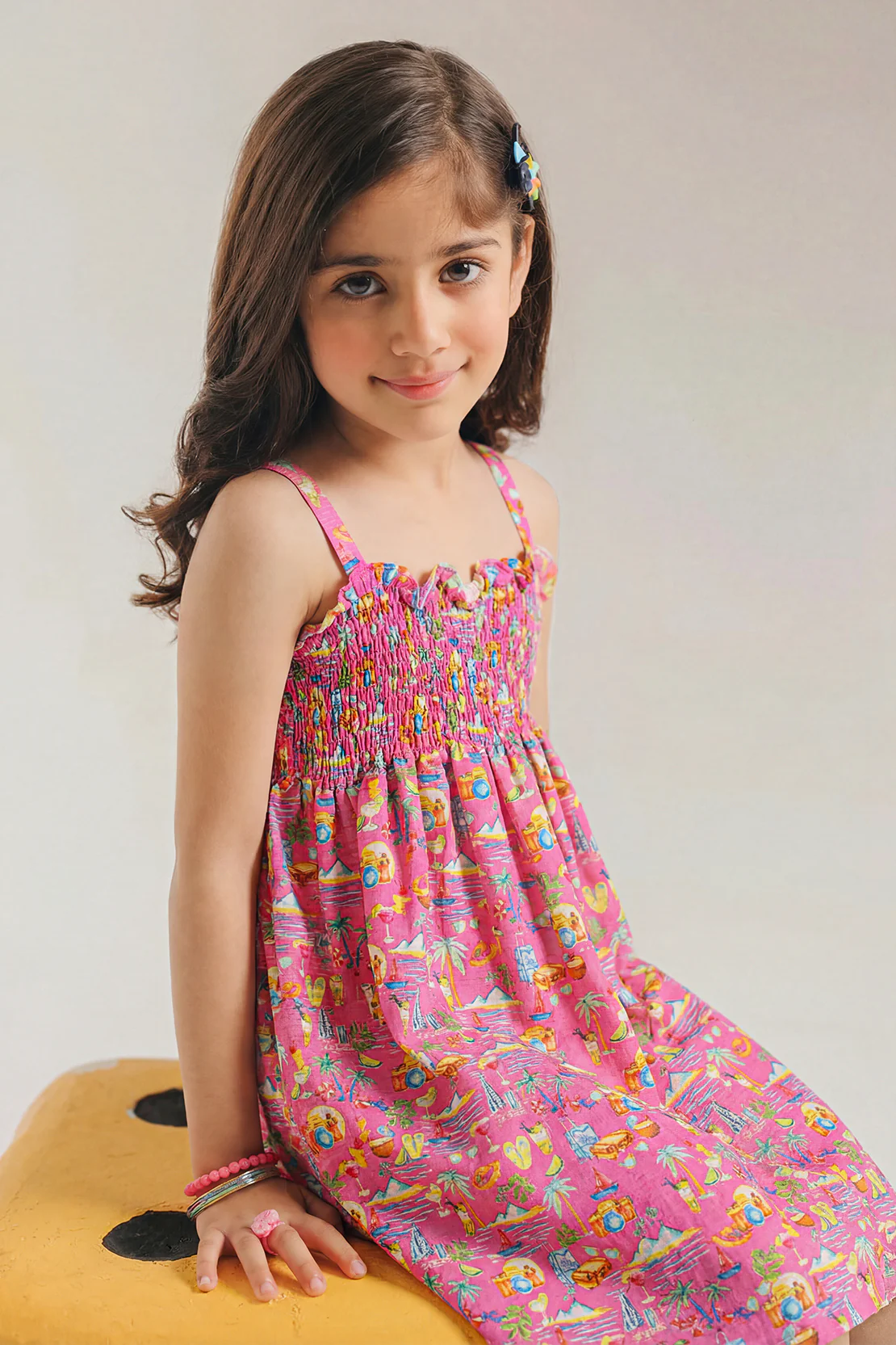 Stitched Cotton Dobby Sleeveless Tier Panel Floral Dress For Kid's - Image 2