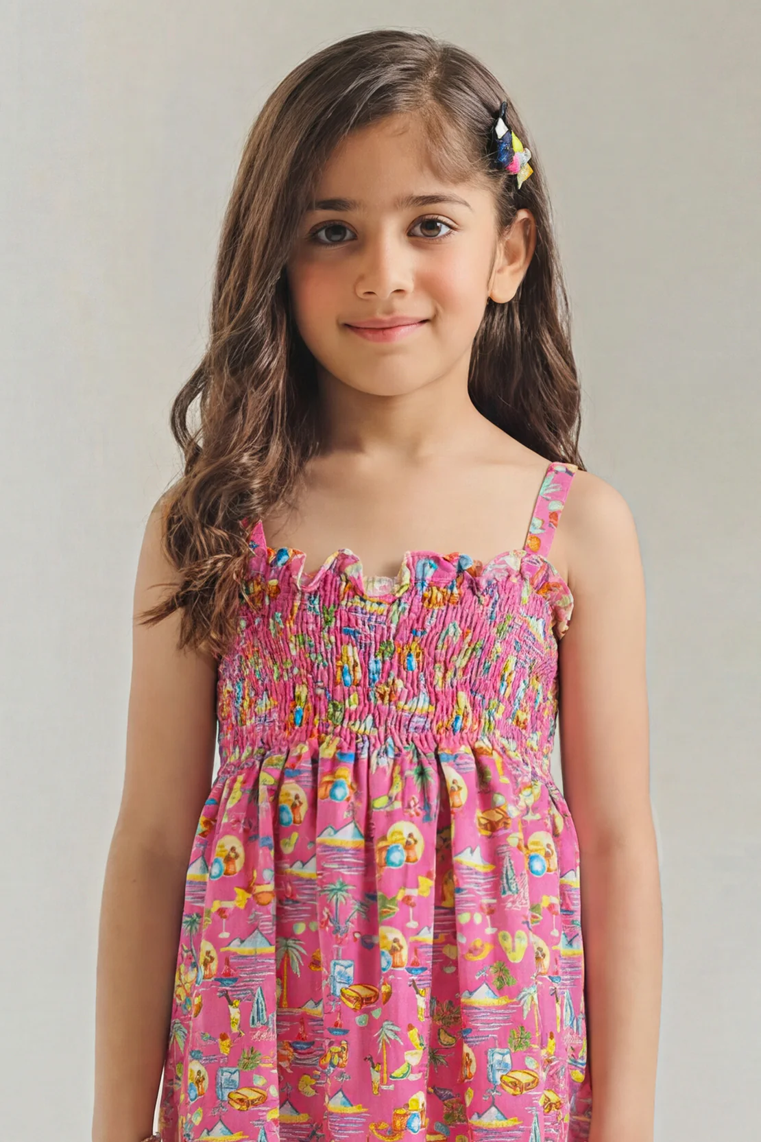 Stitched Cotton Dobby Sleeveless Tier Panel Floral Dress For Kid's - Image 3