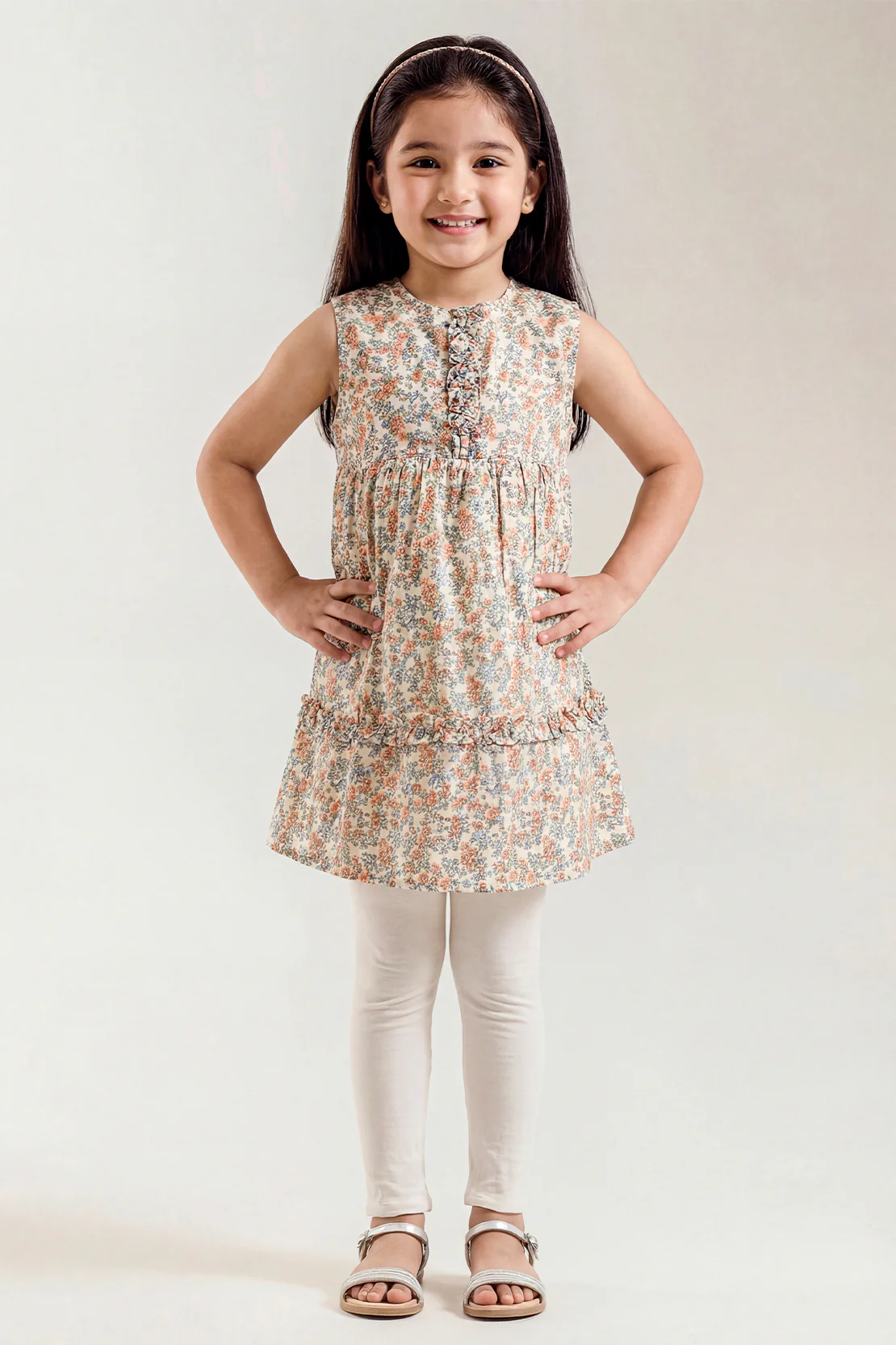 Stitched Cotton Dobby Sleeveless Tier Panel Floral Dress For Kid's