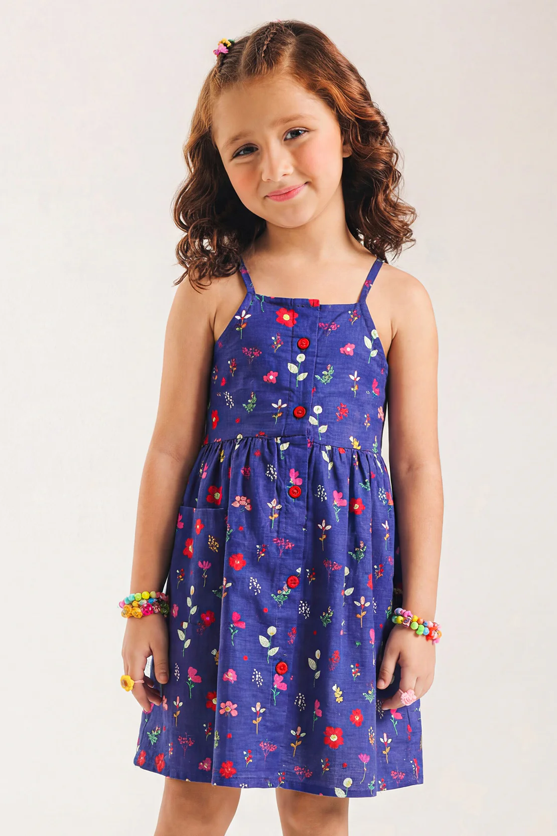 Stitched Cotton Dobby Sleeveless Tier Panel Floral Dress For Kid's